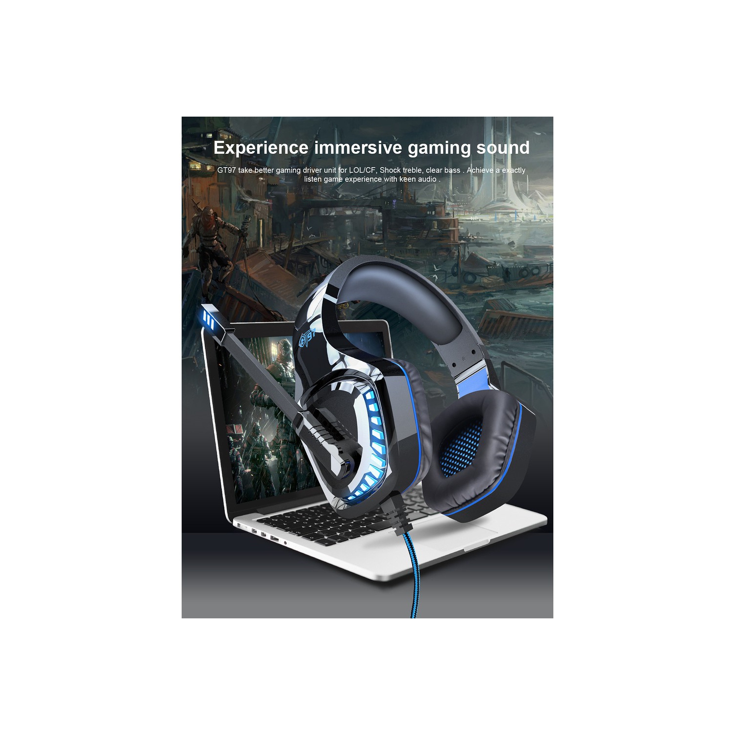 OVLENG GT97 Wired Gaming Game Headset Headphone E-sports with Microphone LED Stereo Surround HiFi 3.5mm Audio Blue