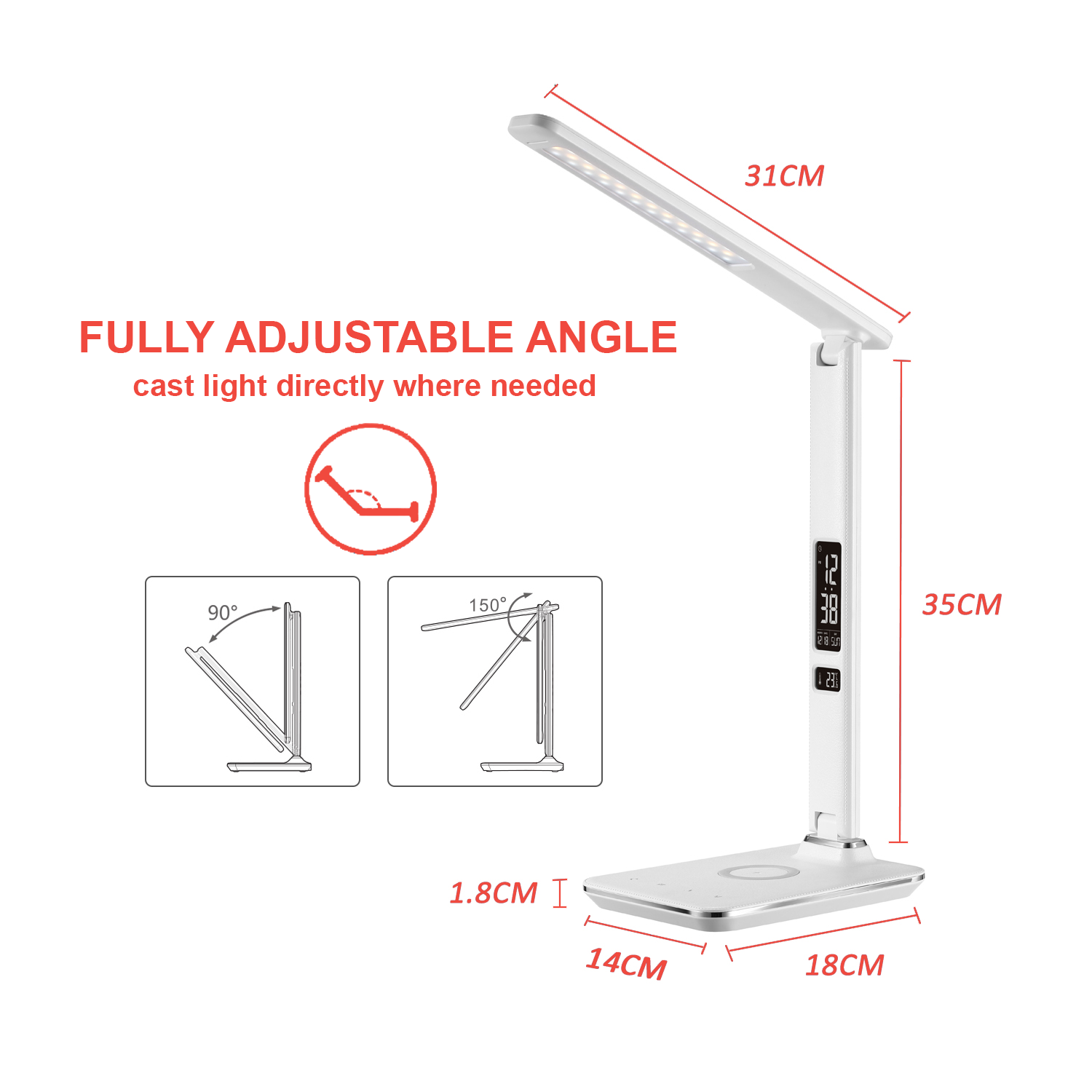 SHOPPINGALL LED Desk Lamp with Qi Wireless Charger, USB Charging Port, 3 Color Modes with 5 Brightness Levels, 8W, SA-DL1W