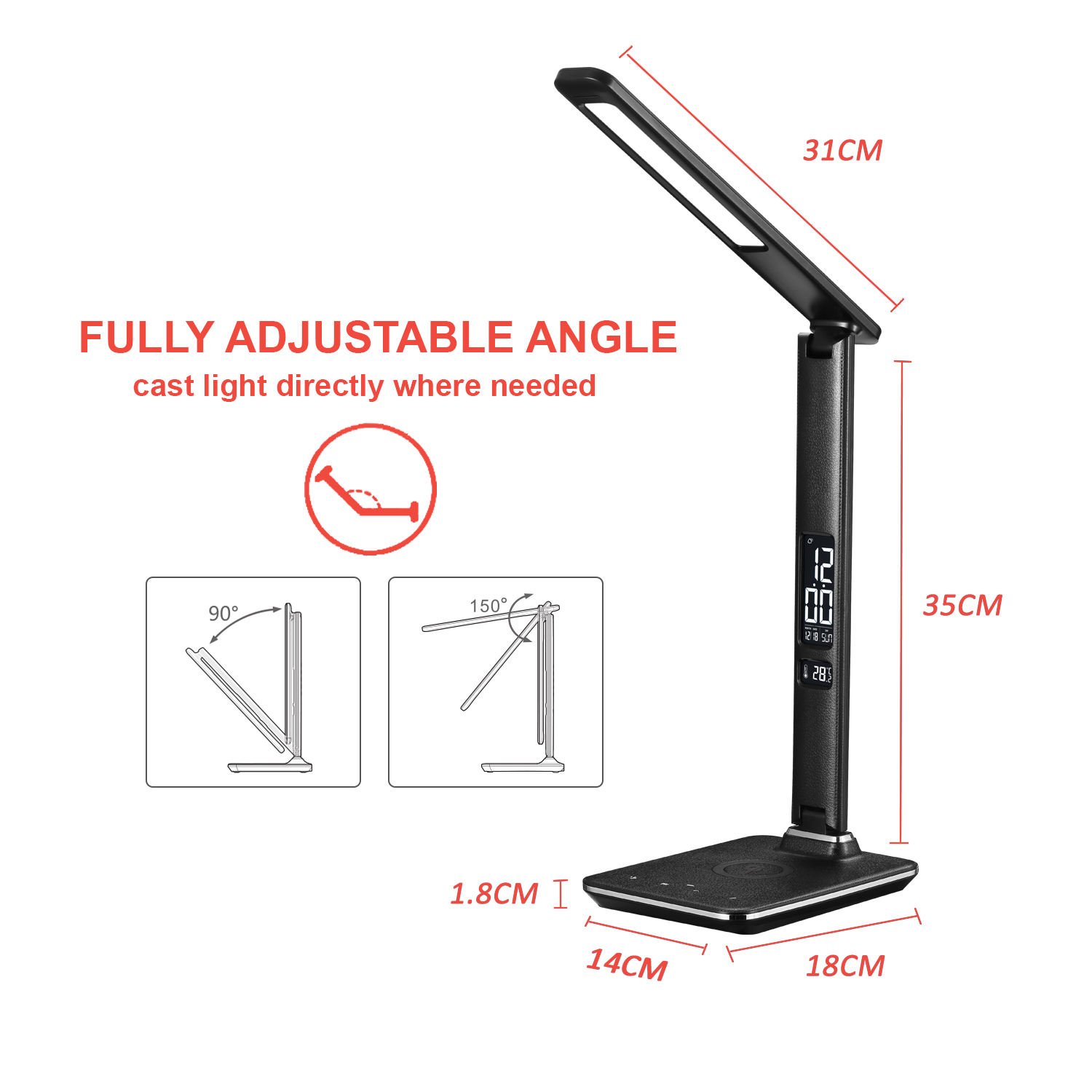 Lampe de bureau DEL SHOPPINGALL avec chargeur sans fil Qi, port de chargement USB, 3 modes couleurs avec 5 niveaux de luminosité, 8 W, sa-DL1W
