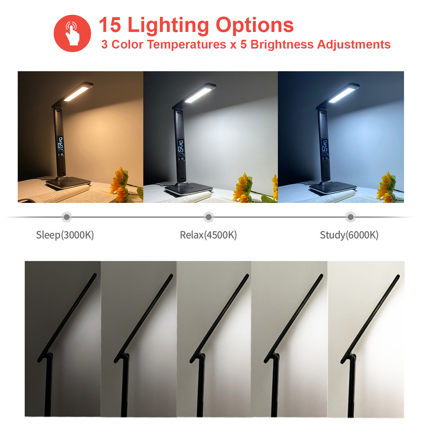 Lampe de bureau DEL SHOPPINGALL avec chargeur sans fil Qi, port de chargement USB, 3 modes couleurs avec 5 niveaux de luminosité, 8 W, sa-DL1W