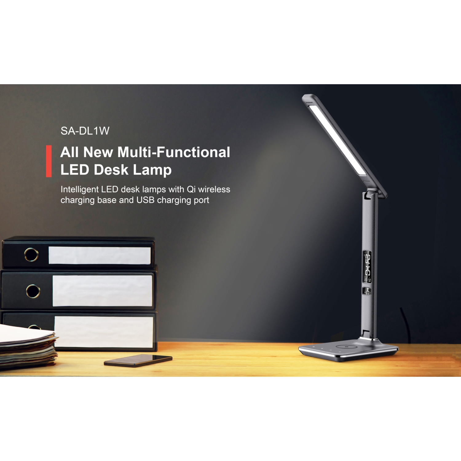 Lampe de bureau DEL SHOPPINGALL avec chargeur sans fil Qi, port de chargement USB, 3 modes couleurs avec 5 niveaux de luminosité, 8 W, sa-DL1W