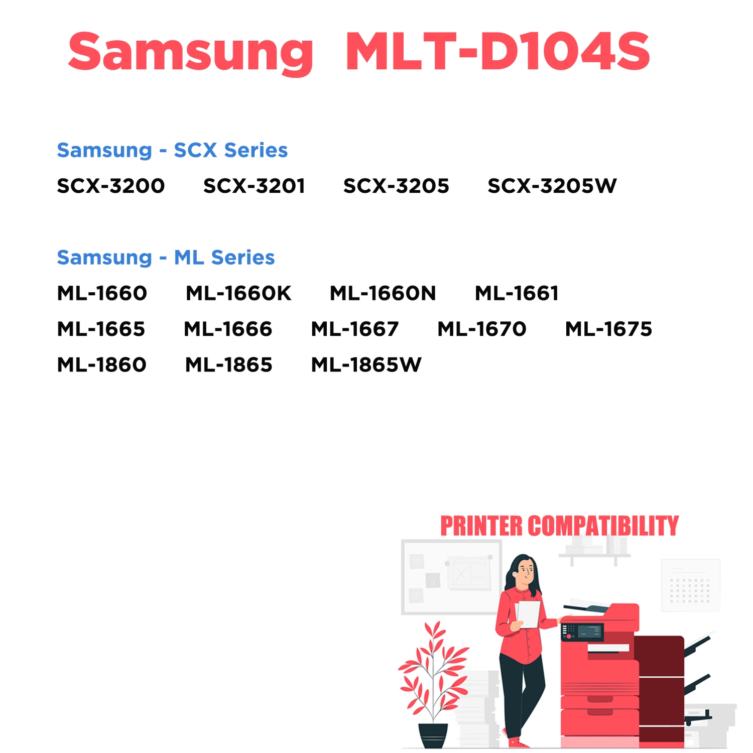 Printer Pro™ 4 Pack Samsung MLT-D104S/D104/MLTD104/mlt-d104/d104 Black Toner Cartridge for Samsung Printer ML-1670/SCX-3205W