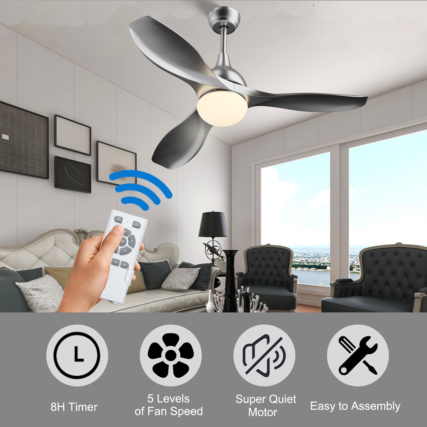 Costway 48" Ceiling Fan w/ Remote Control Dimmable LED Light Modern Reversible Blades