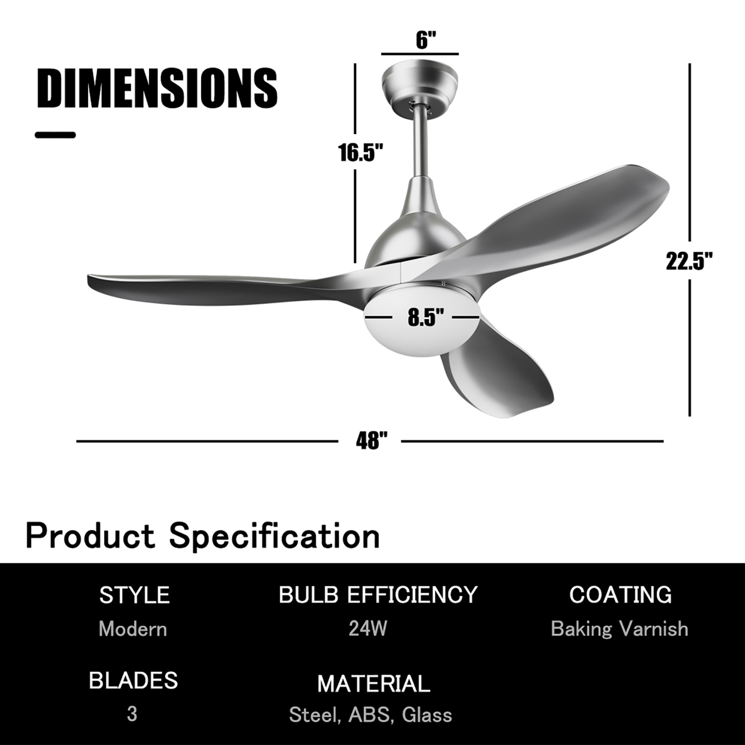 Costway 48" Ceiling Fan w/ Remote Control Dimmable LED Light Modern Reversible Blades