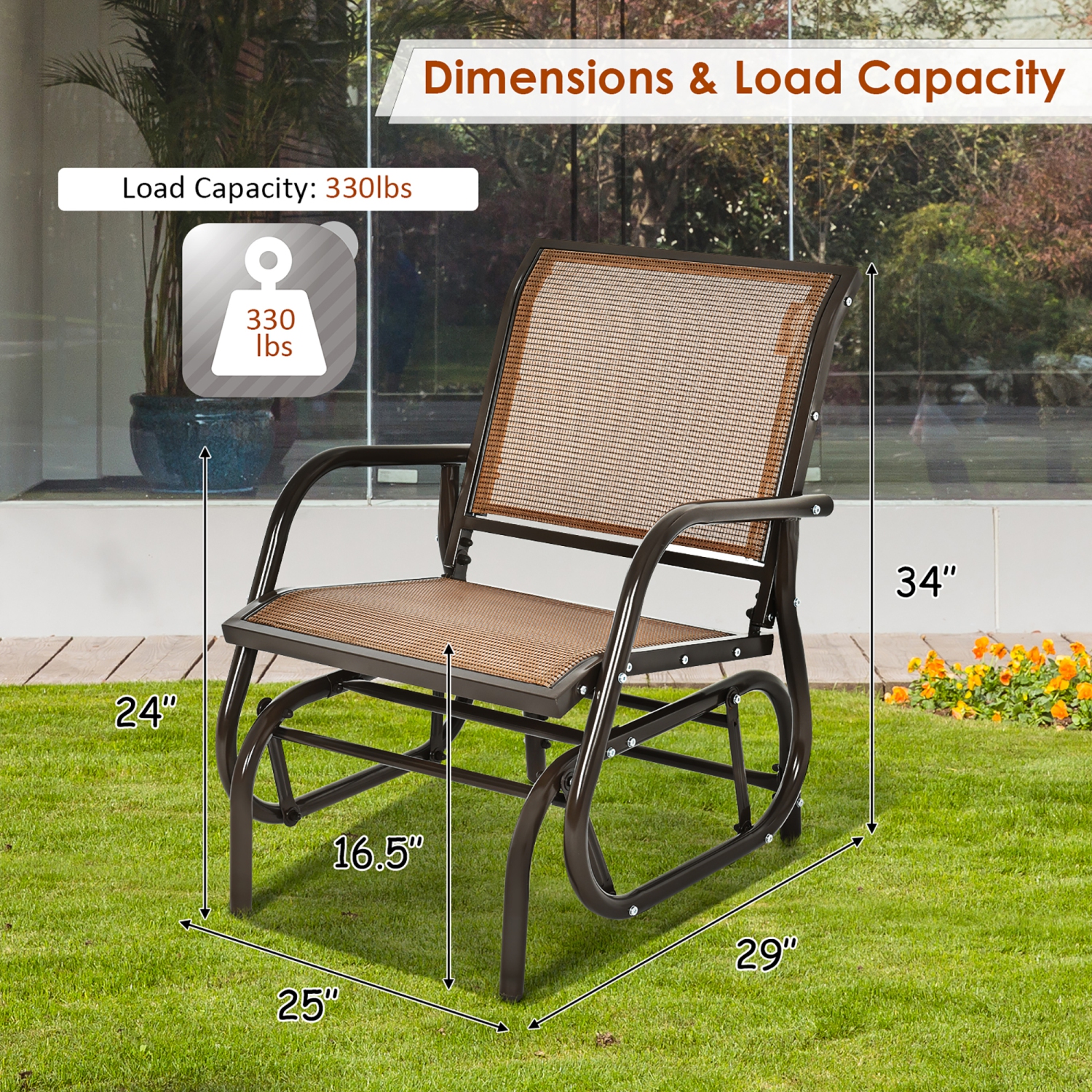 Costway Outdoor Single Swing Glider Rocking Chair Armrest Garden Porch Backyard