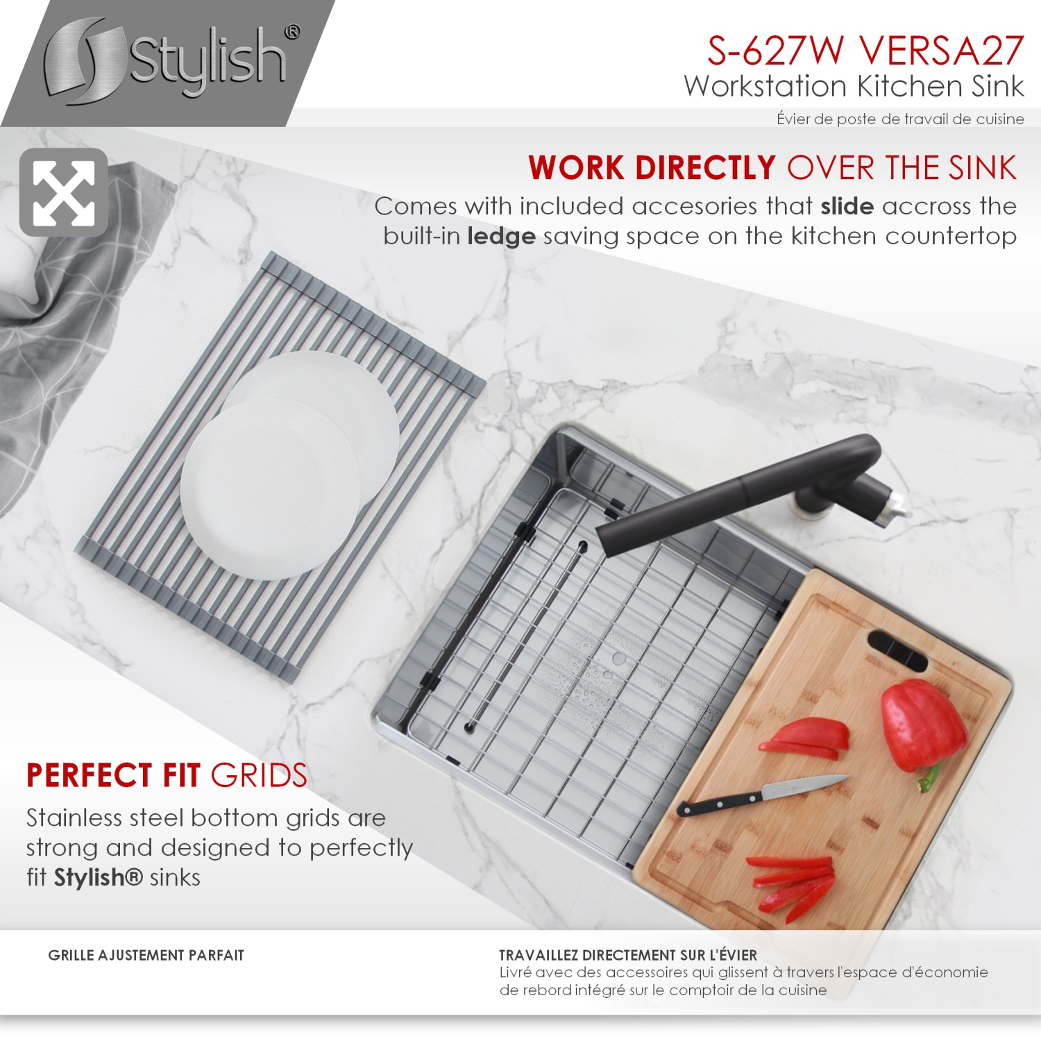 STYLISH 27 inch Workstation Single Bowl Undermount 16 Gauge Stainless Steel Kitchen Sink with Built in Accessories