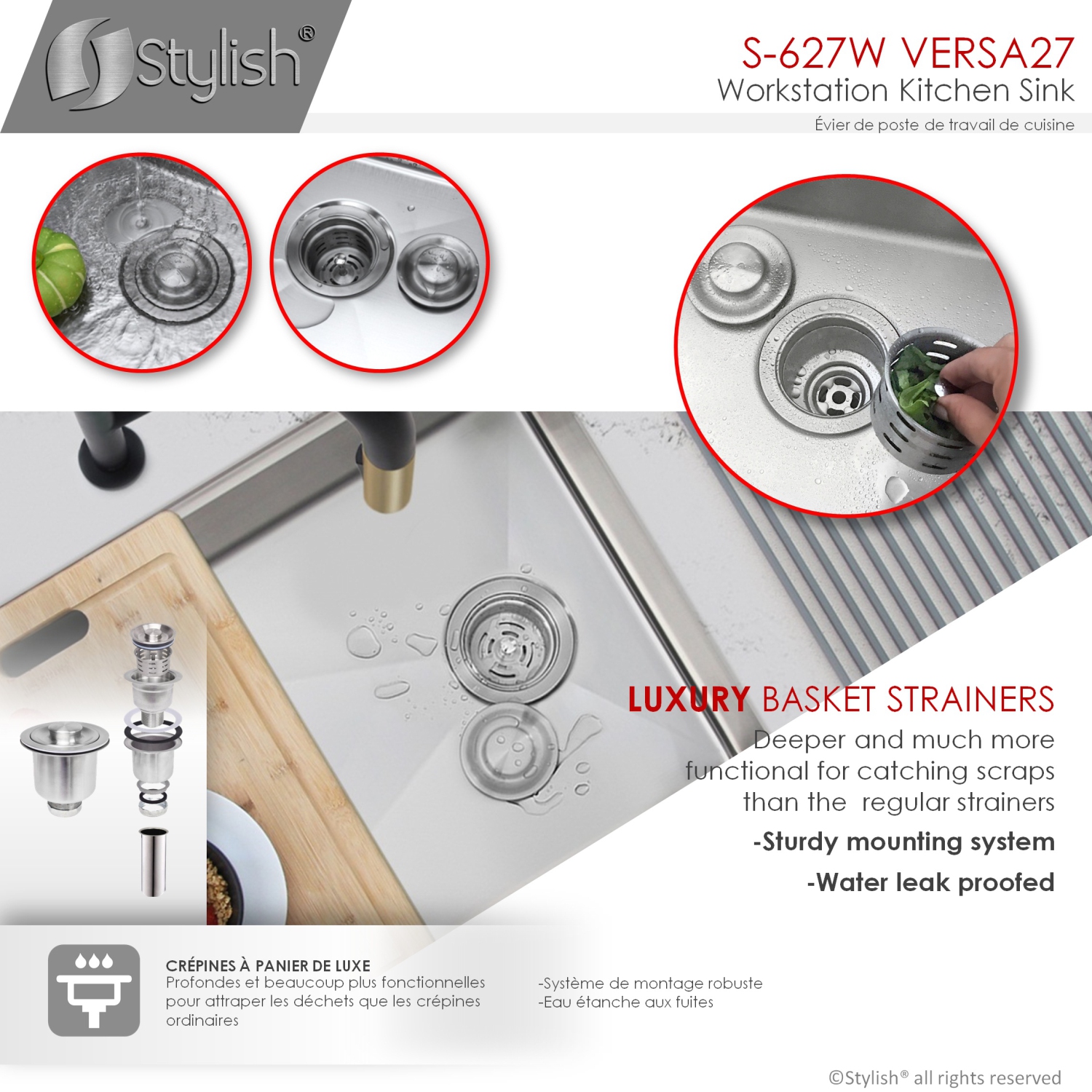 STYLISH 27 inch Workstation Single Bowl Undermount 16 Gauge Stainless Steel Kitchen Sink with Built in Accessories