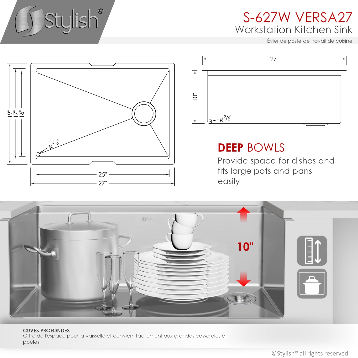 STYLISH 27 inch Workstation Single Bowl Undermount 16 Gauge Stainless Steel Kitchen Sink with Built in Accessories