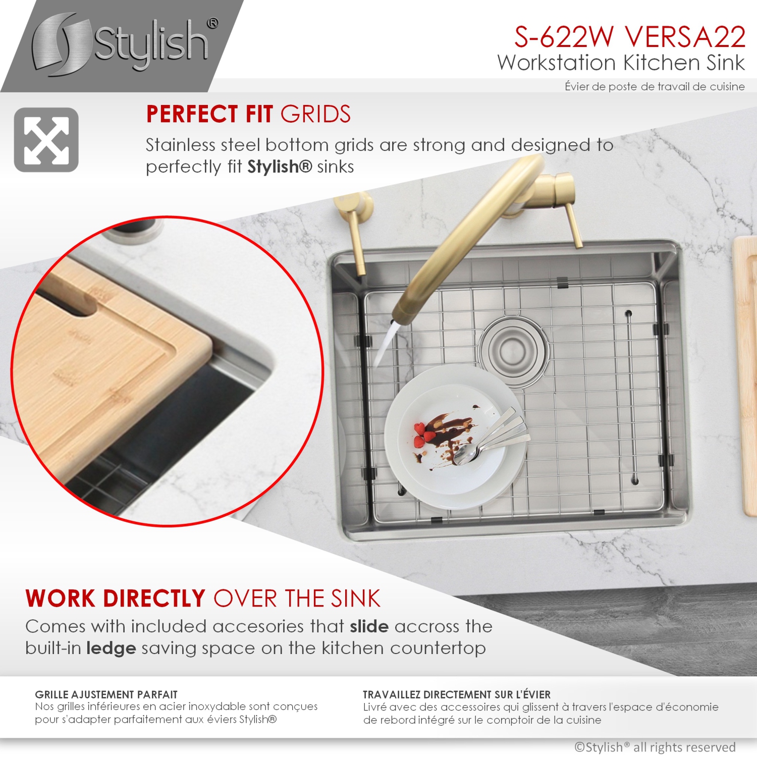 STYLISH 22 inch Workstation Single Bowl Undermount 16 Gauge Stainless Steel Kitchen Sink with Built in Accessories