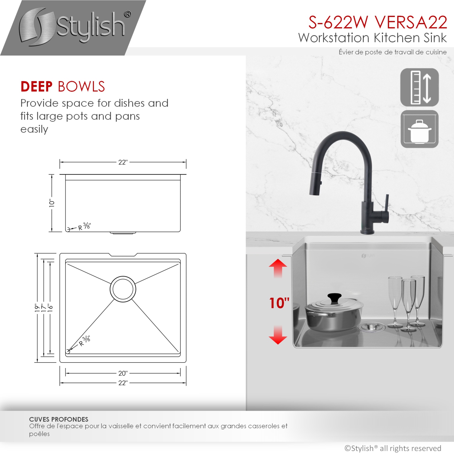 STYLISH 22 inch Workstation Single Bowl Undermount 16 Gauge Stainless Steel Kitchen Sink with Built in Accessories