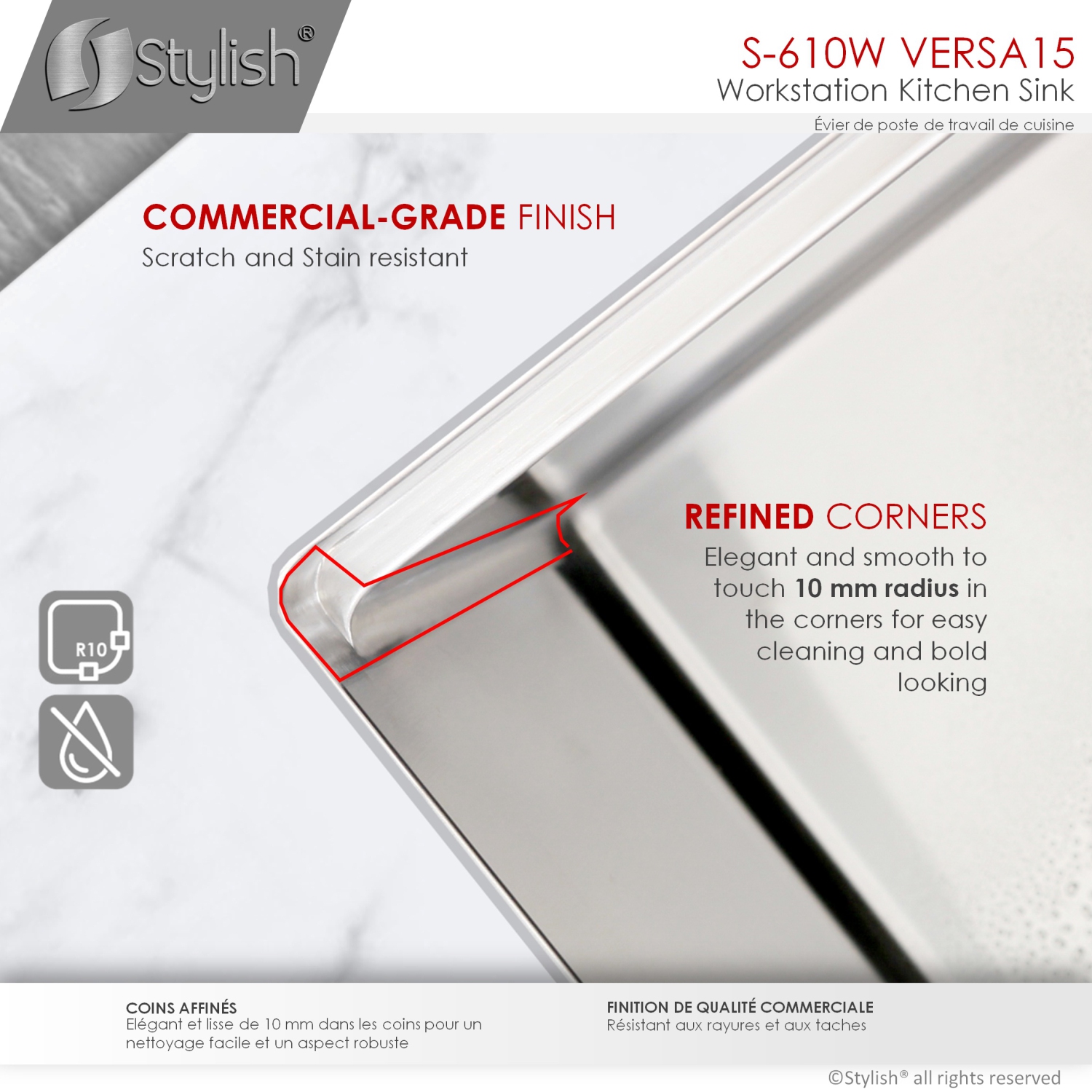 STYLISH 15 inch Workstation Single Bowl Undermount 16 Gauge Stainless Steel Kitchen Sink with Built in Accessories