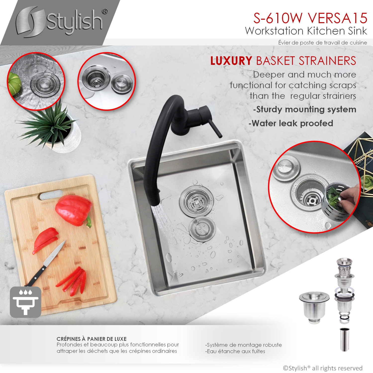 STYLISH 15 inch Workstation Single Bowl Undermount 16 Gauge Stainless Steel Kitchen Sink with Built in Accessories