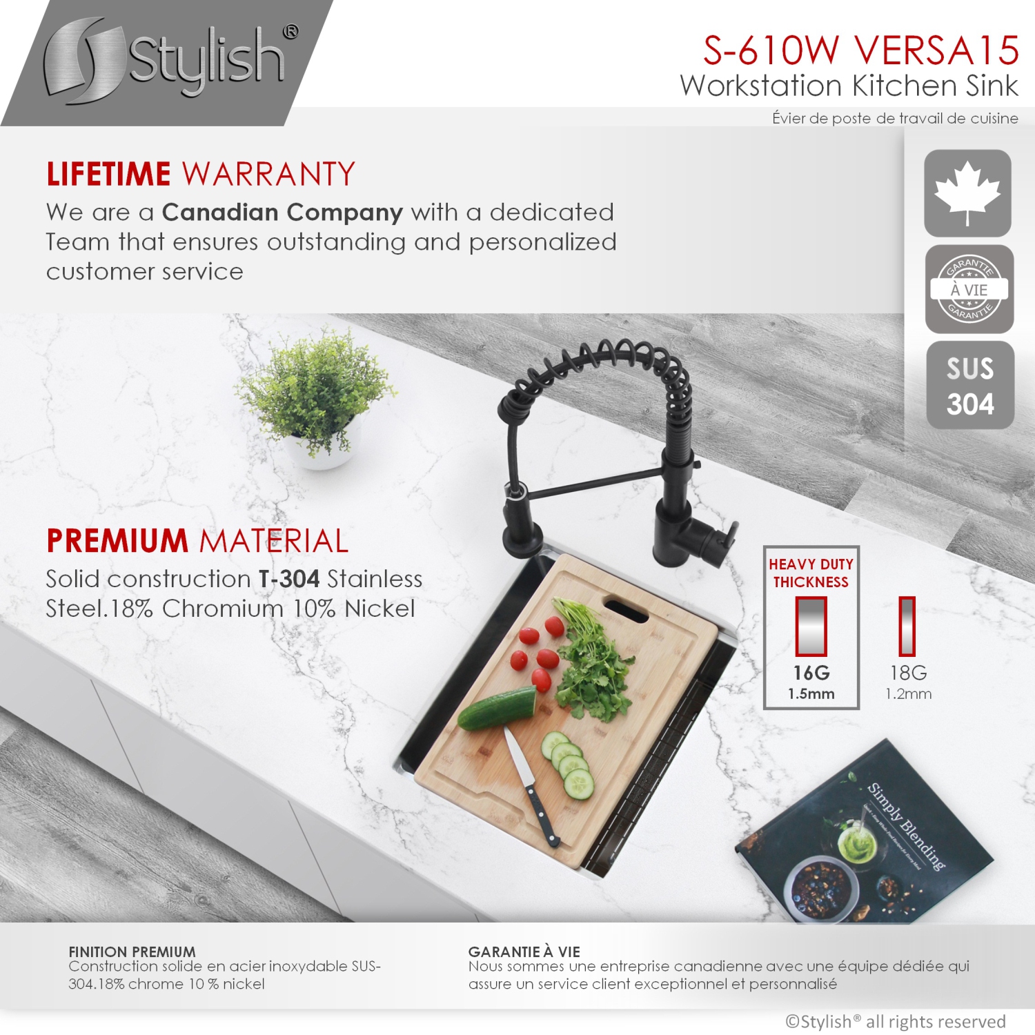 STYLISH 15 inch Workstation Single Bowl Undermount 16 Gauge Stainless Steel Kitchen Sink with Built in Accessories