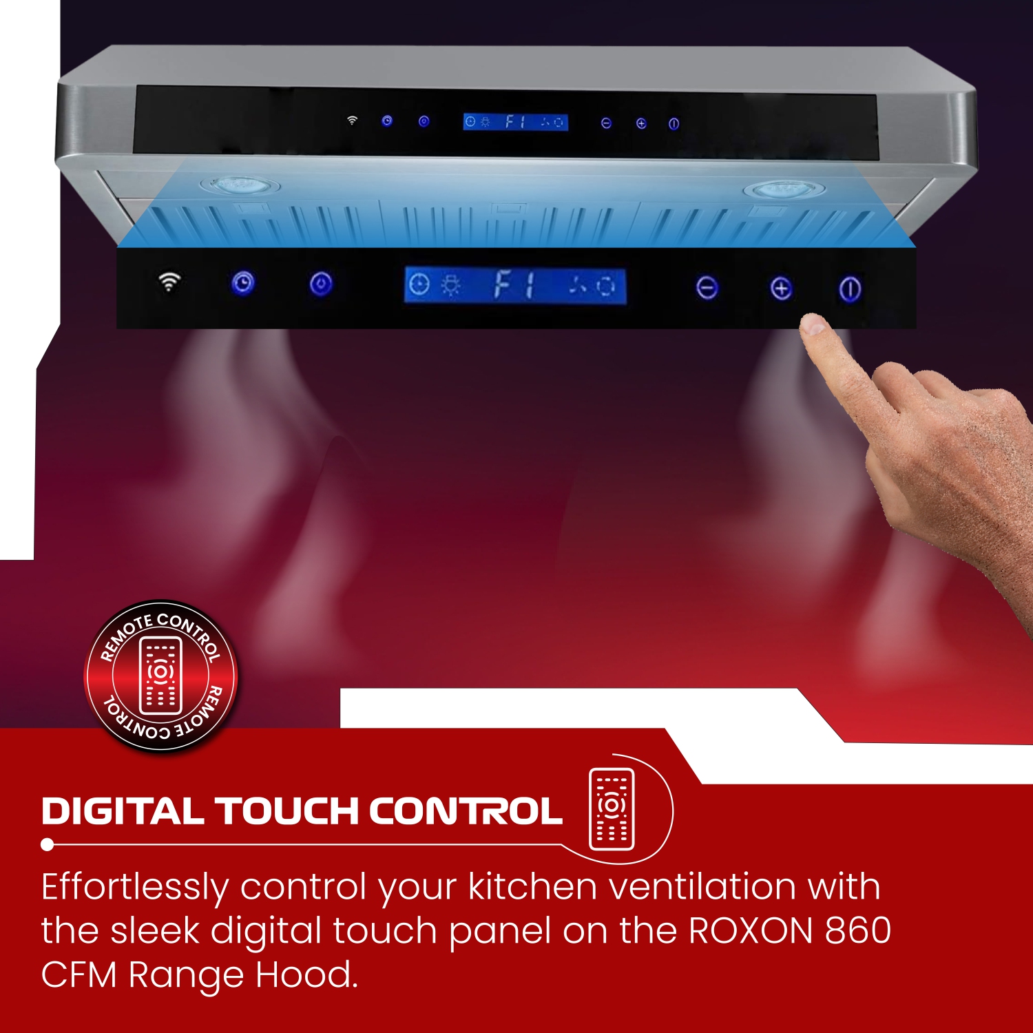 ROXON 860 CFM Slim Range Hood Stainless Steel Kitchen Exhaust Fan Under Cabinet Style with REMOTE RXN-U15BS-30