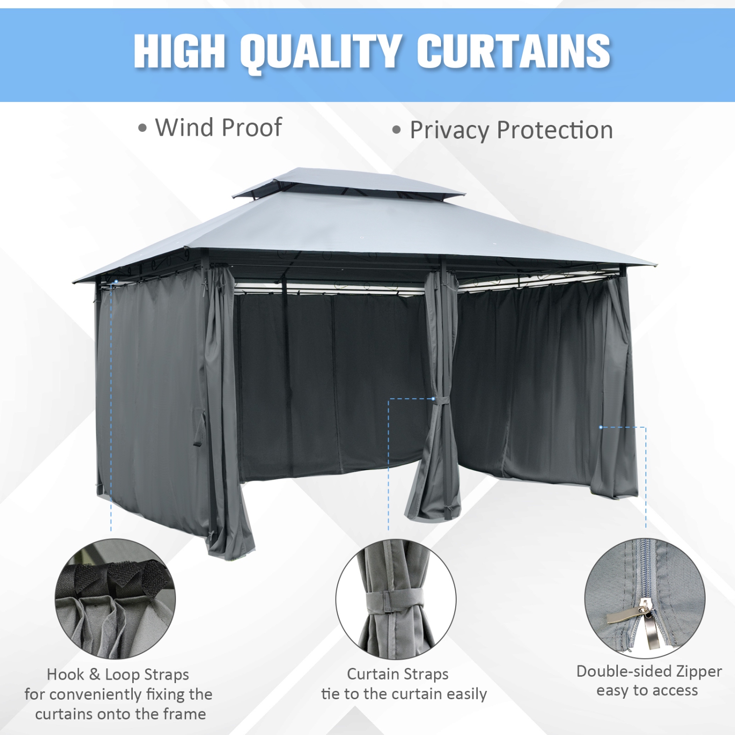Outsunny 10' x 13' Patio Gazebo, Outdoor 2-Tiers Garden Canopy Yard Sunshade Shelter with Curtains, Grey