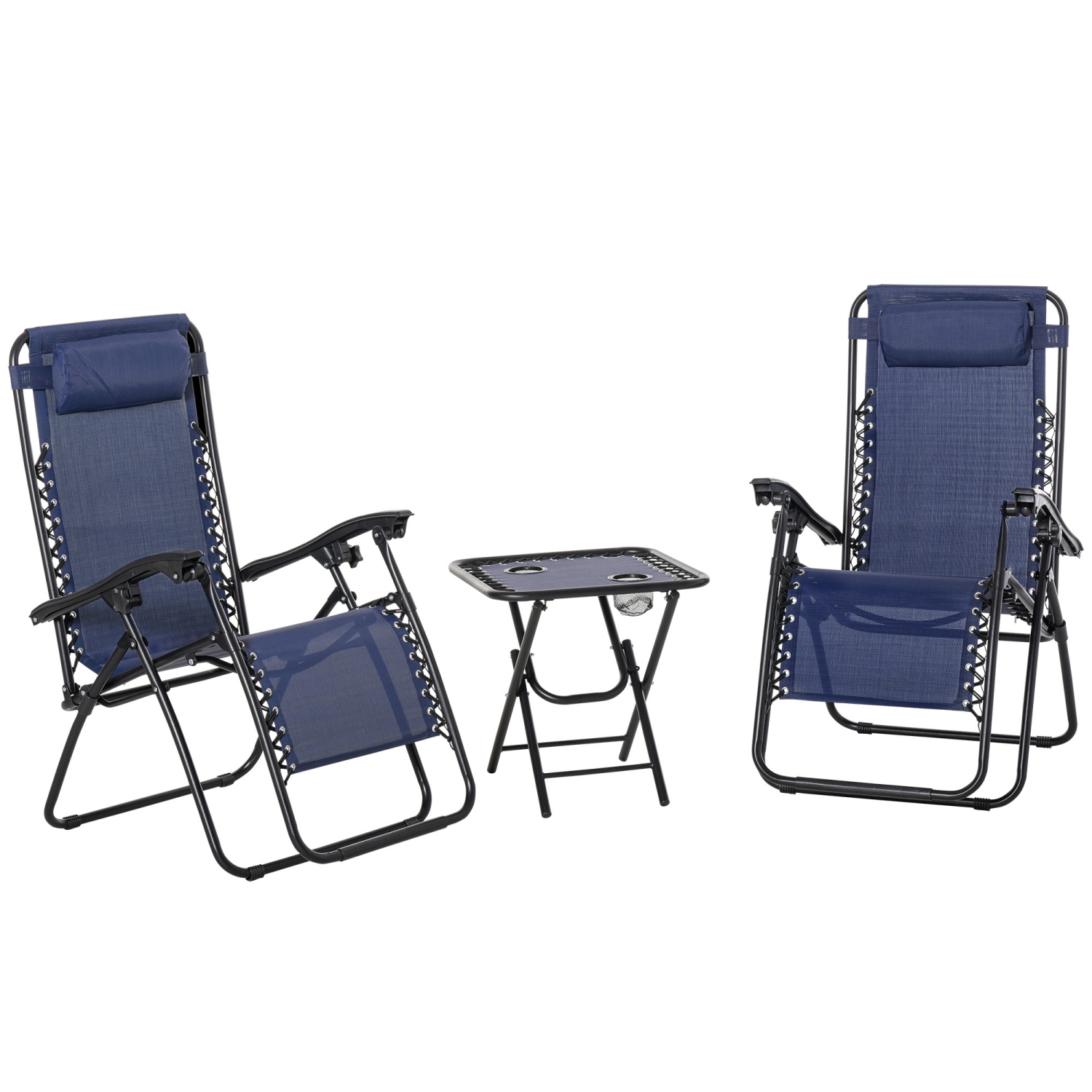 Outsunny – Ensemble de chaises longues Zero Gravity avec table d’appoint, chaise longue de patio, porte-gobelets et appuie-tête réglable, bleu