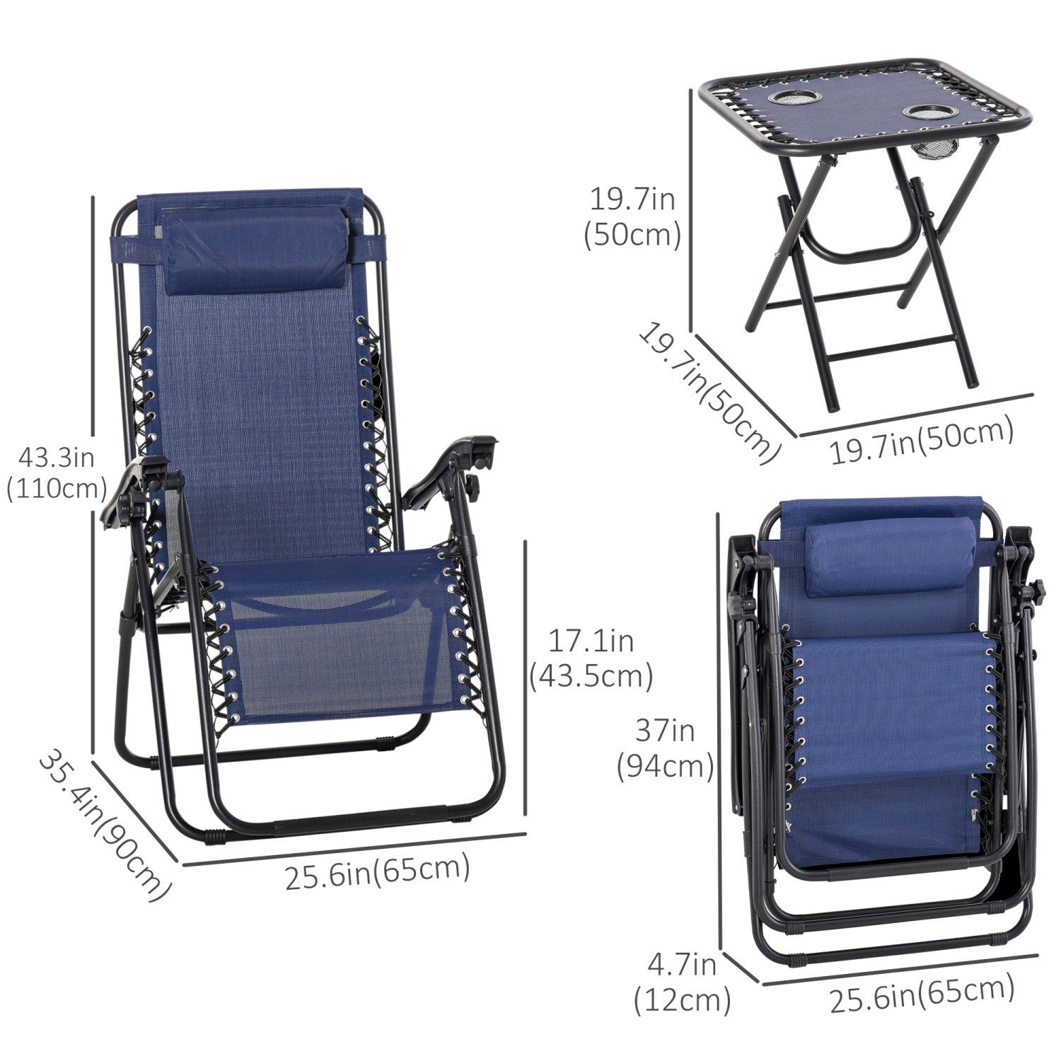Outsunny – Ensemble de chaises longues Zero Gravity avec table d’appoint, chaise longue de patio, porte-gobelets et appuie-tête réglable, bleu