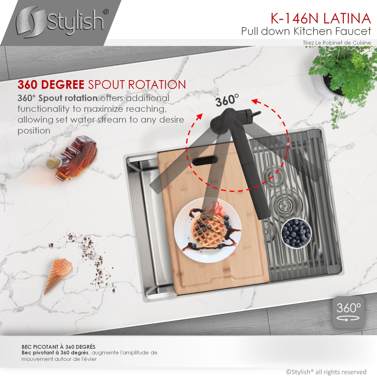 STYLISH Kitchen Sink Faucet Single Handle Pull Down Dual Mode Stainless Steel Matte Black Finish K-146N