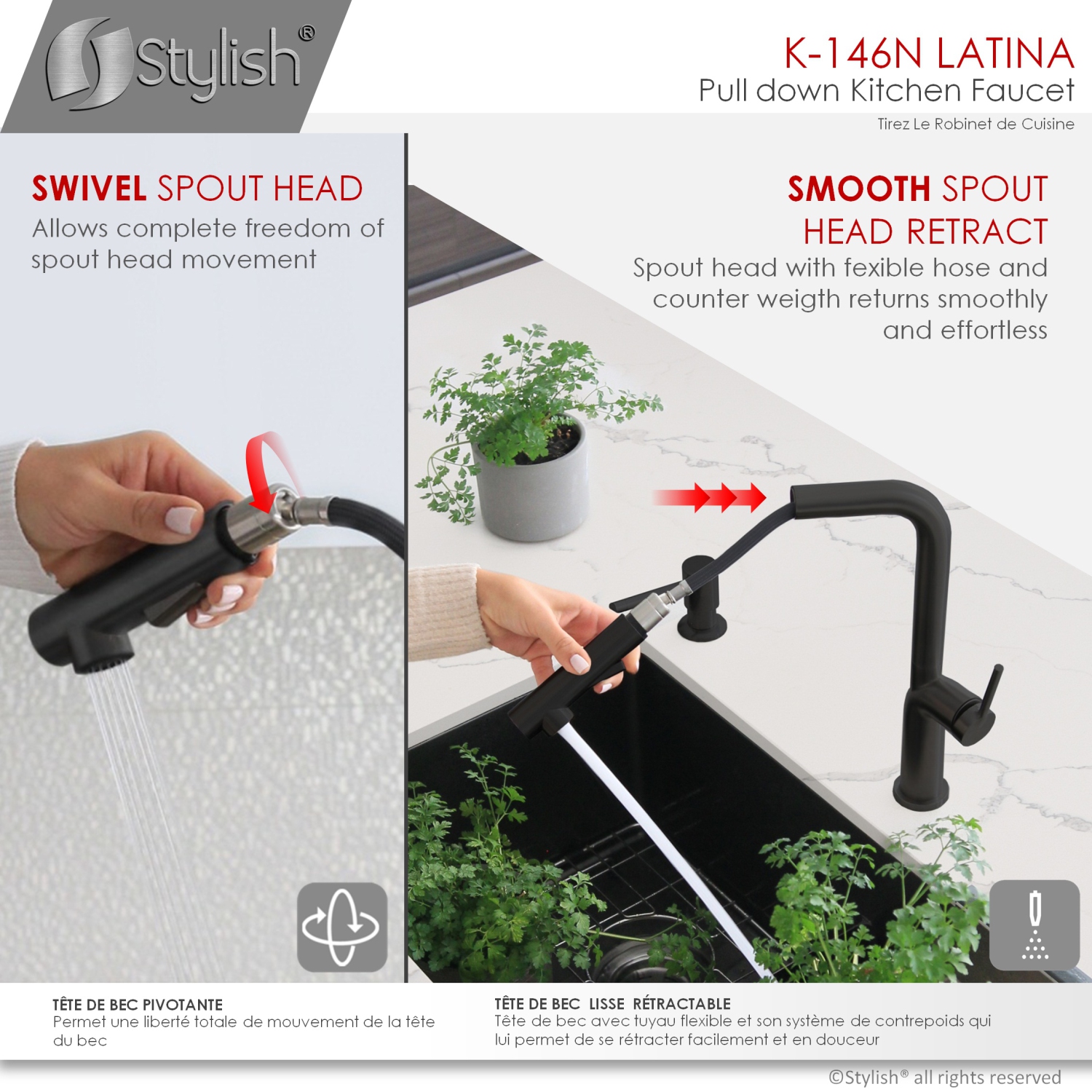 STYLISH Kitchen Sink Faucet Single Handle Pull Down Dual Mode Stainless Steel Matte Black Finish K-146N