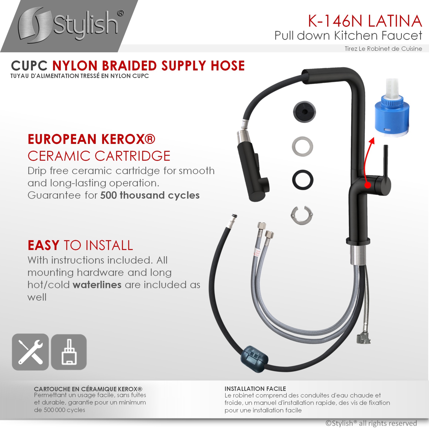 STYLISH Kitchen Sink Faucet Single Handle Pull Down Dual Mode Stainless Steel Matte Black Finish K-146N