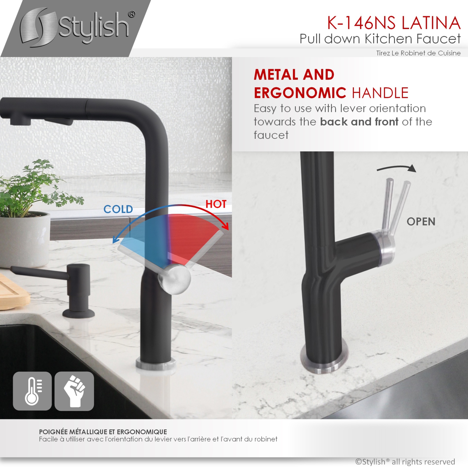 STYLISH Kitchen Sink Faucet Single Handle Pull Down Dual Mode Stainless Steel Matte Black/Silver Base and Handle Finish K-146NS
