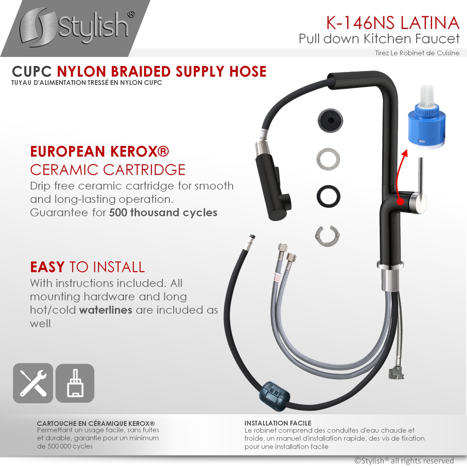 STYLISH Kitchen Sink Faucet Single Handle Pull Down Dual Mode Stainless Steel Matte Black/Silver Base and Handle Finish K-146NS