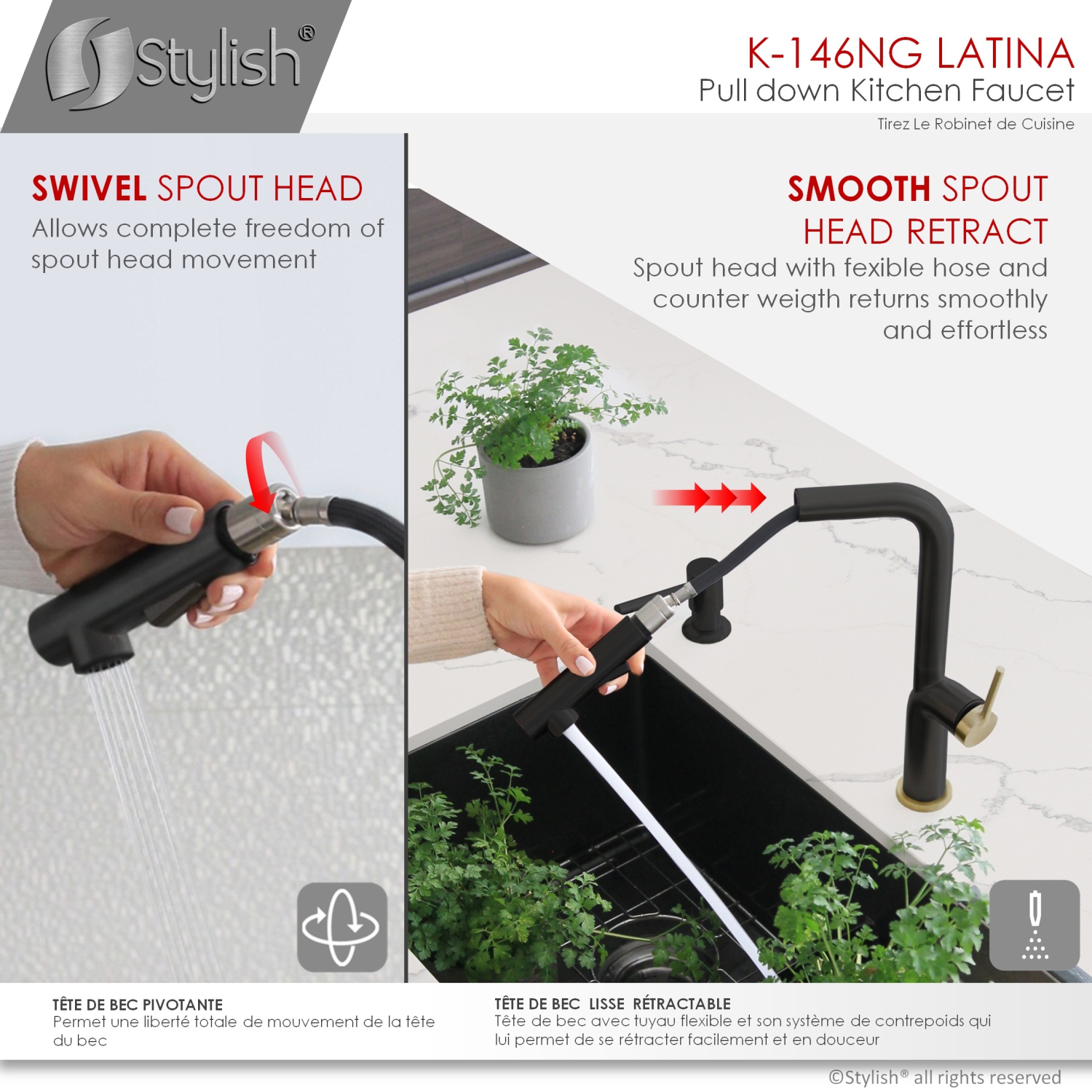 STYLISH Kitchen Sink Faucet Single Handle Pull Down Dual Mode Stainless Steel Matte Black/Gold Base and Handle Finish K-146NG