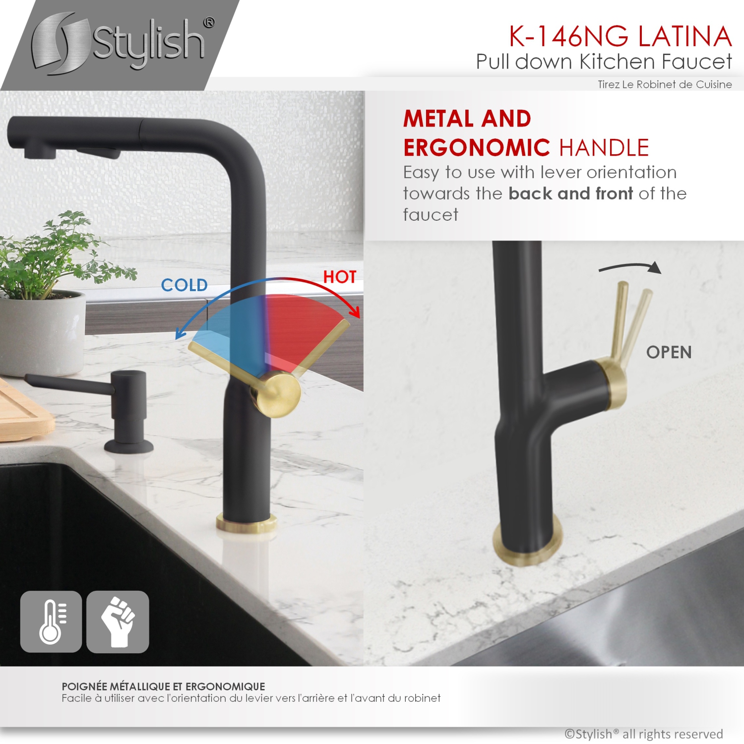 STYLISH Kitchen Sink Faucet Single Handle Pull Down Dual Mode Stainless Steel Matte Black/Gold Base and Handle Finish K-146NG