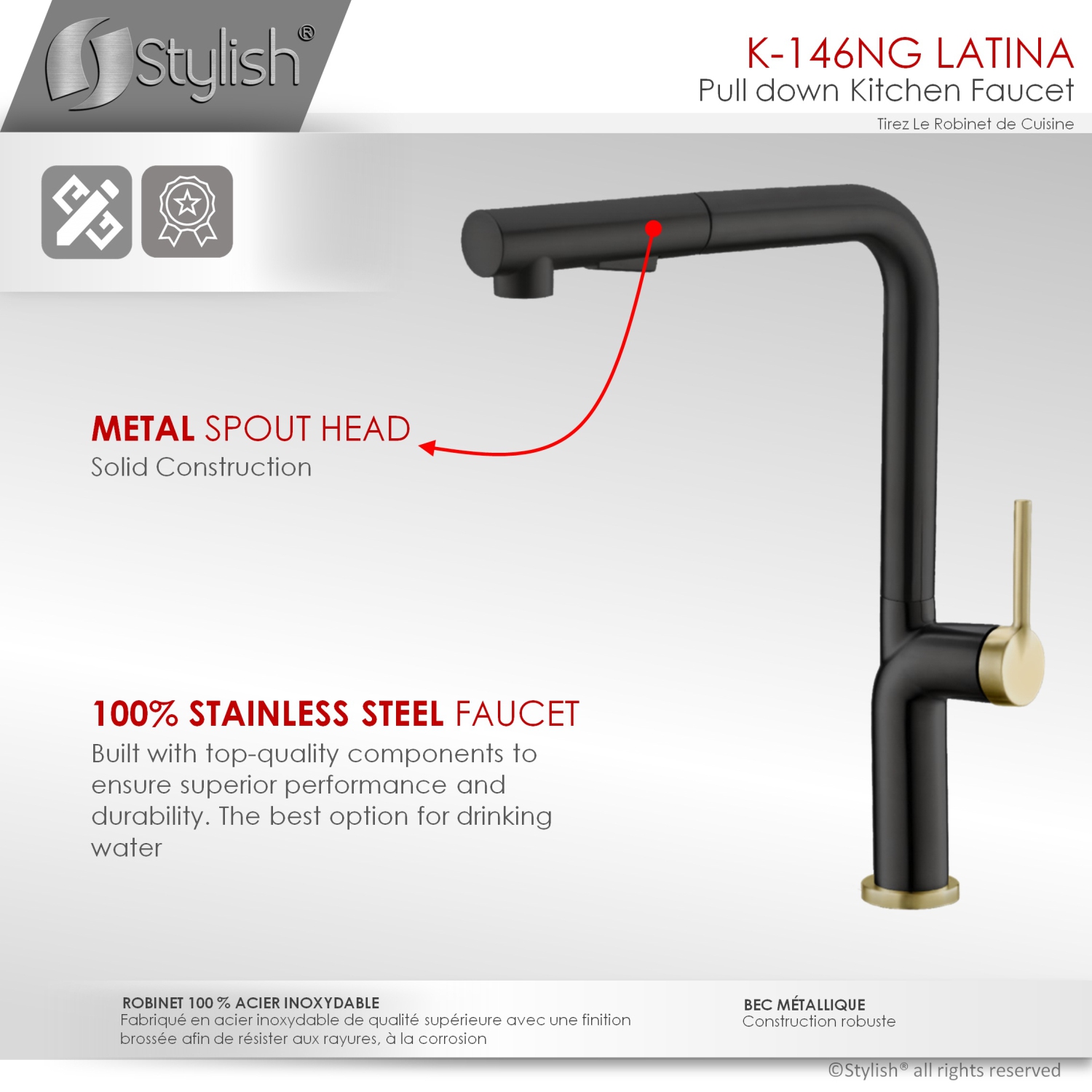 STYLISH Kitchen Sink Faucet Single Handle Pull Down Dual Mode Stainless Steel Matte Black/Gold Base and Handle Finish K-146NG