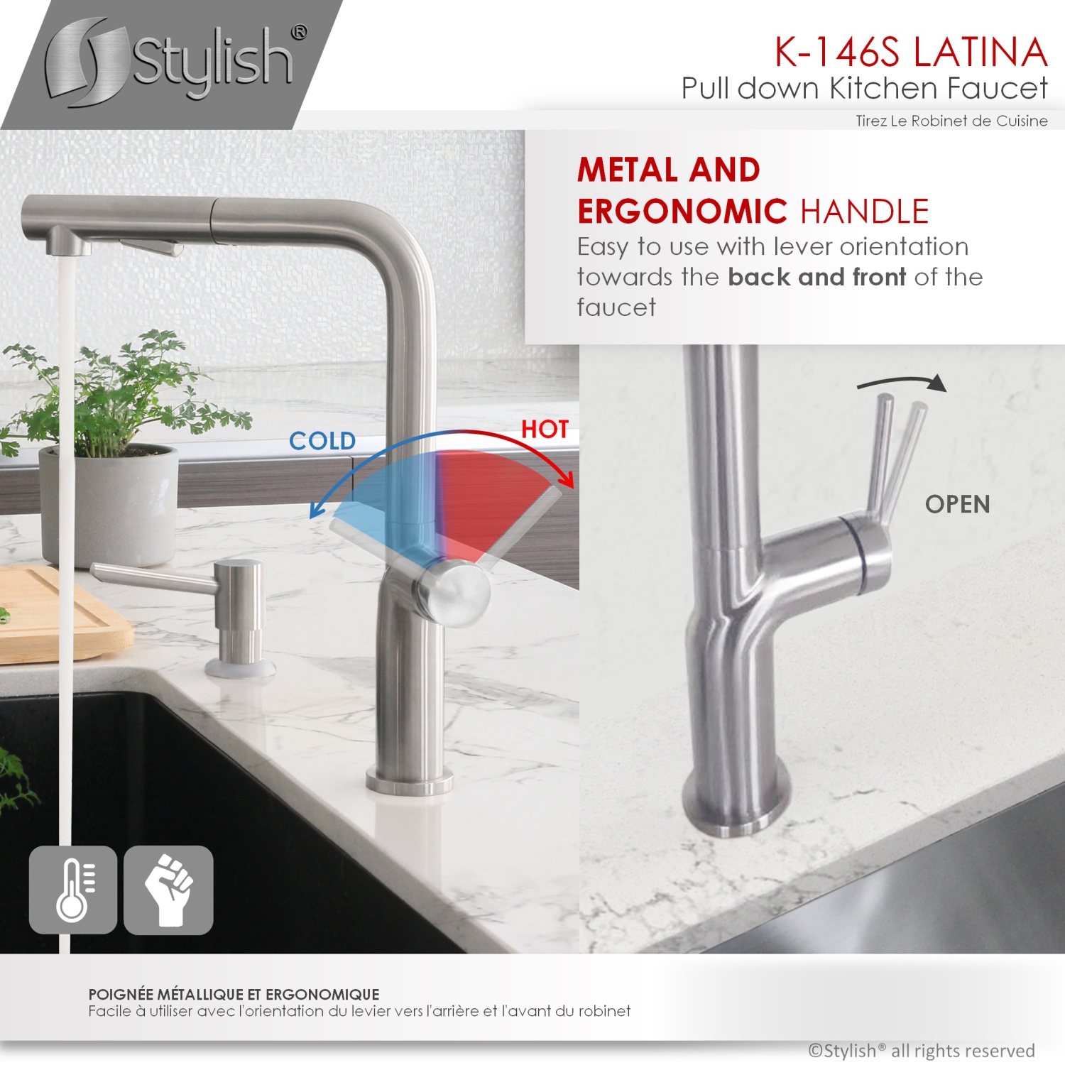 STYLISH Kitchen Sink Faucet Single Handle Pull Down Dual Mode Stainless Steel Brushed Finish K-146S