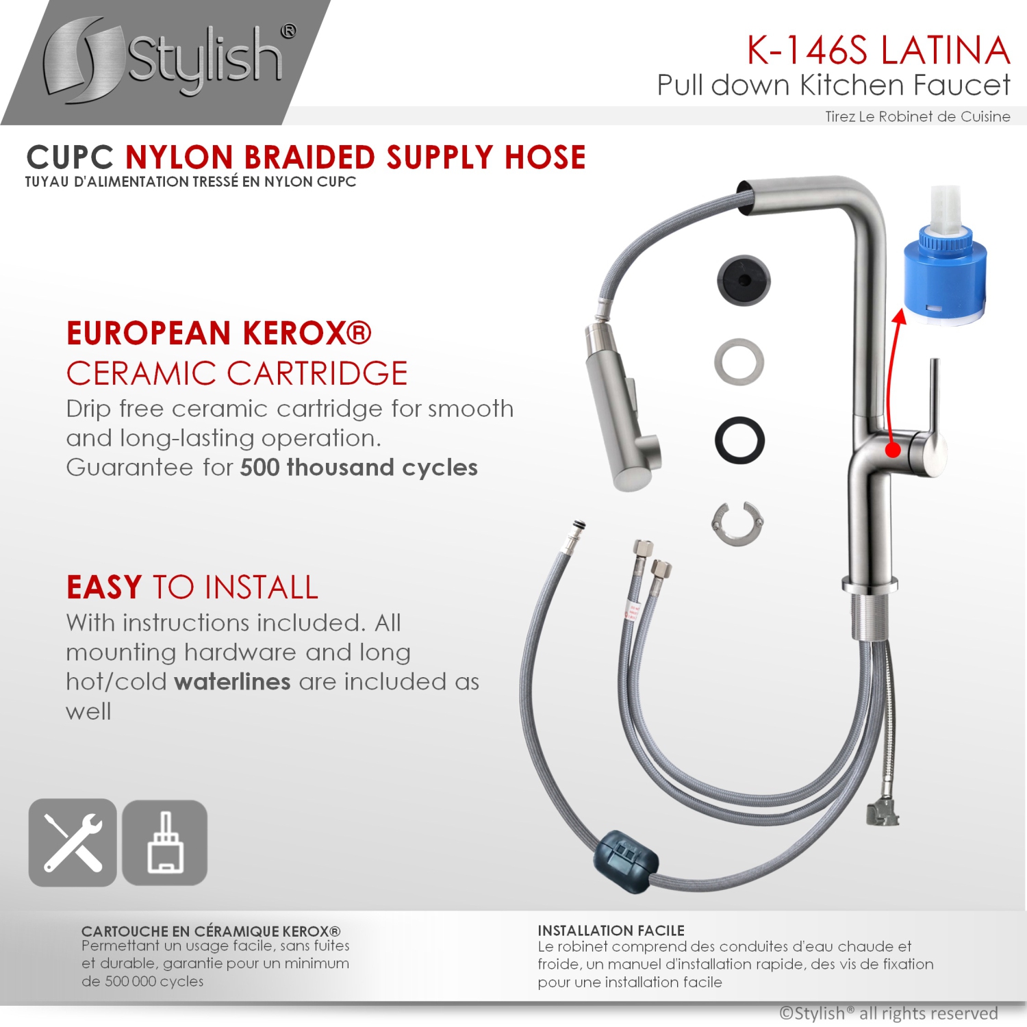 STYLISH Kitchen Sink Faucet Single Handle Pull Down Dual Mode Stainless Steel Brushed Finish K-146S