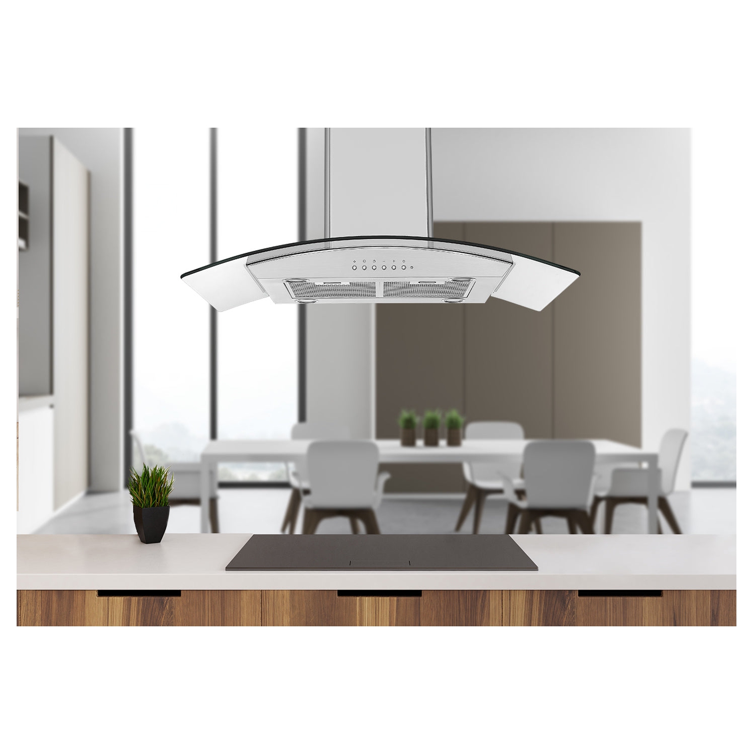 Ancona 36" 450 CFM Convertible Island Glass Canopy Range Hood in Stainless Steel with Auto Night Light Feature
