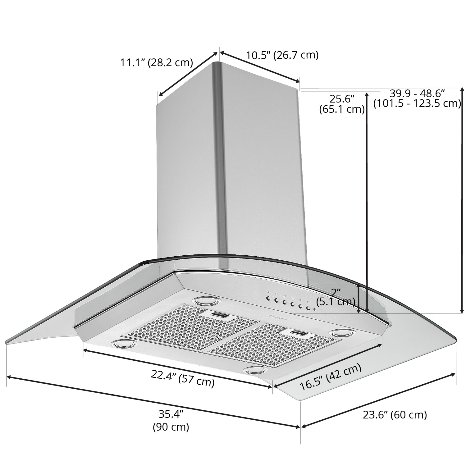 Ancona 36" 450 CFM Convertible Island Glass Canopy Range Hood in Stainless Steel with Auto Night Light Feature