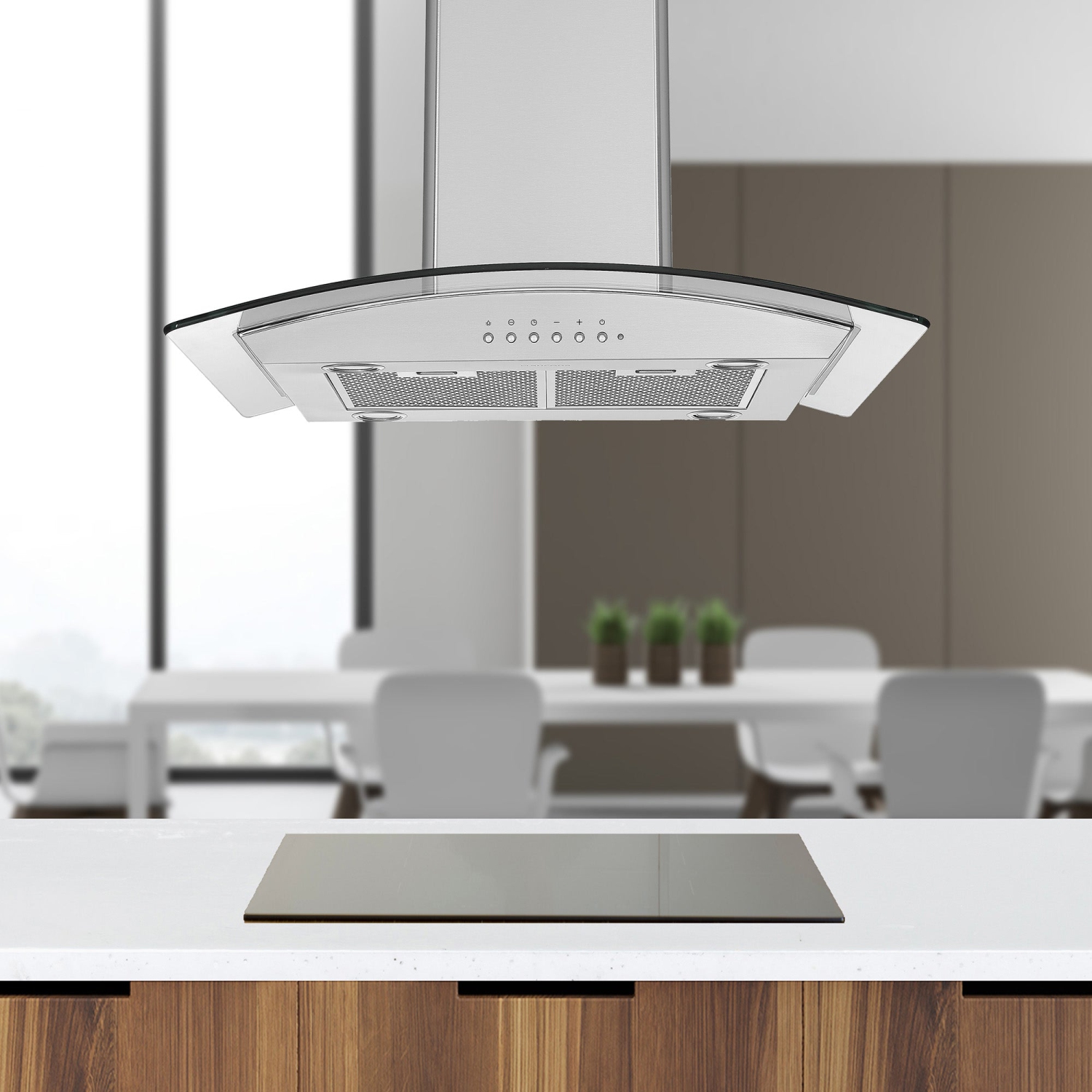 Ancona 30" 450 CFM Convertible Island Glass Canopy Range Hood in Stainless Steel with Auto Night Light Feature