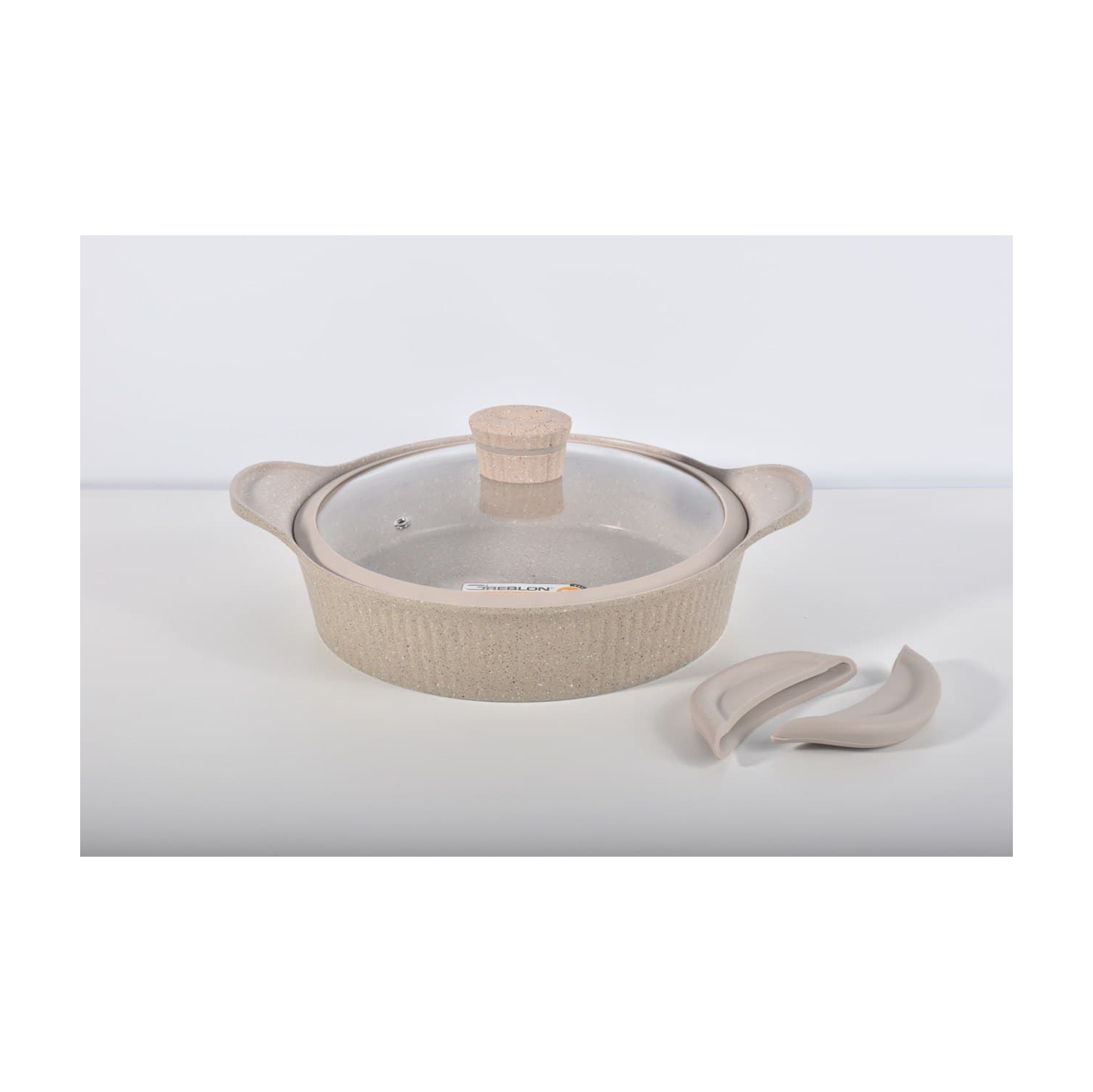 SHALLOW CASSEROLE 28CM/11" WITH GLASS LID AND SILICONE RIM DIE-CAST ALUMINIUM DURABLE