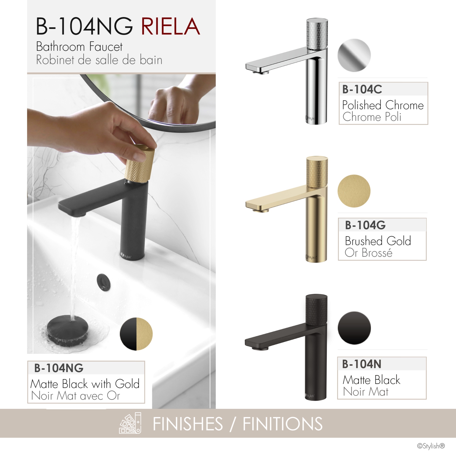 Stylish Riela Single Handle 7 1/2" Matte Black with Brushed Gold Bathroom Faucet B-104NG
