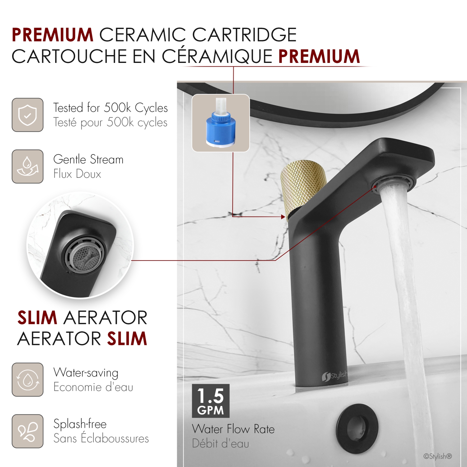 Stylish Riela Single Handle 7 1/2" Matte Black with Brushed Gold Bathroom Faucet B-104NG