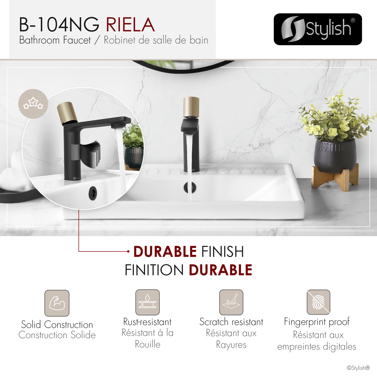 Stylish Riela Single Handle 7 1/2" Matte Black with Brushed Gold Bathroom Faucet B-104NG