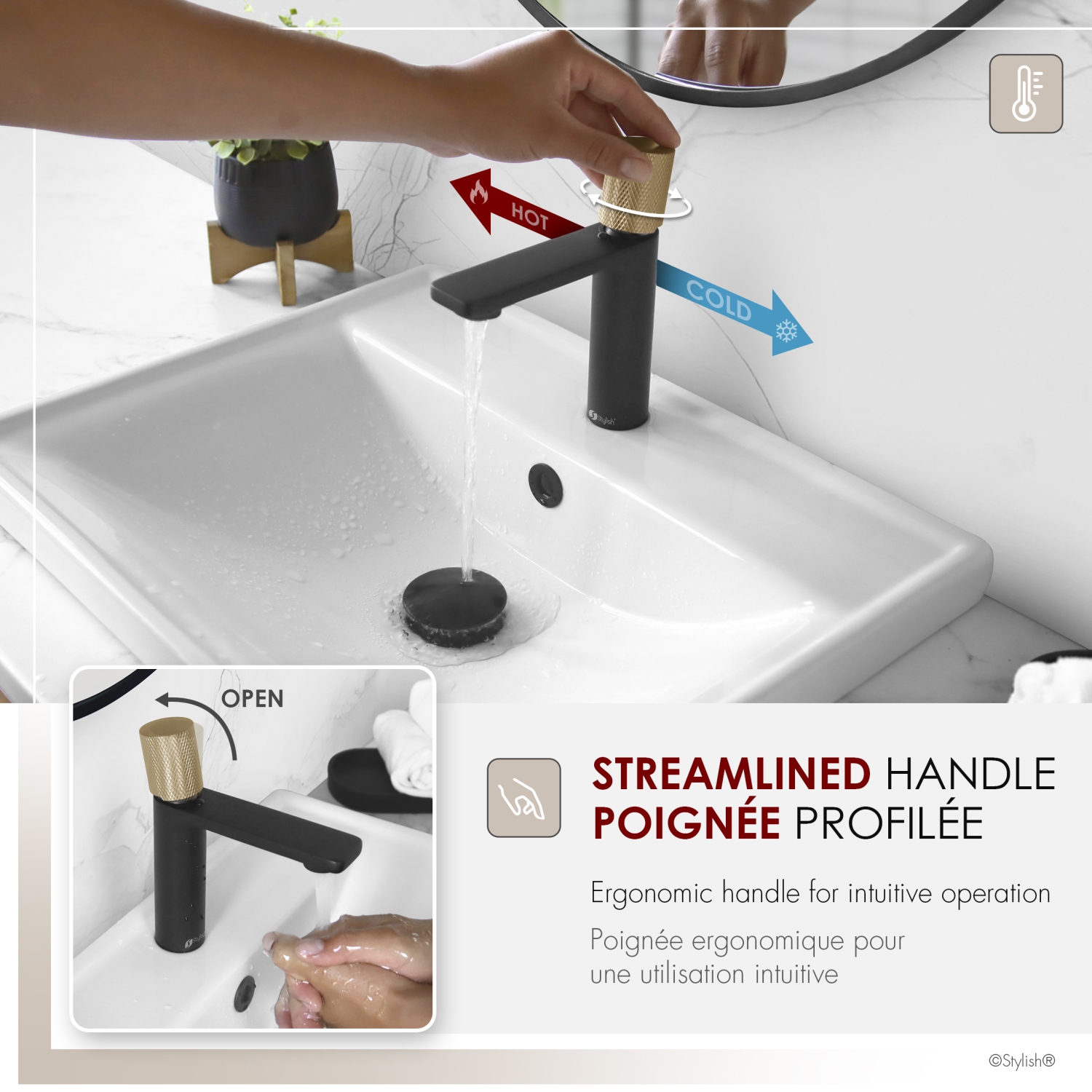 Stylish Riela Single Handle 7 1/2" Matte Black with Brushed Gold Bathroom Faucet B-104NG
