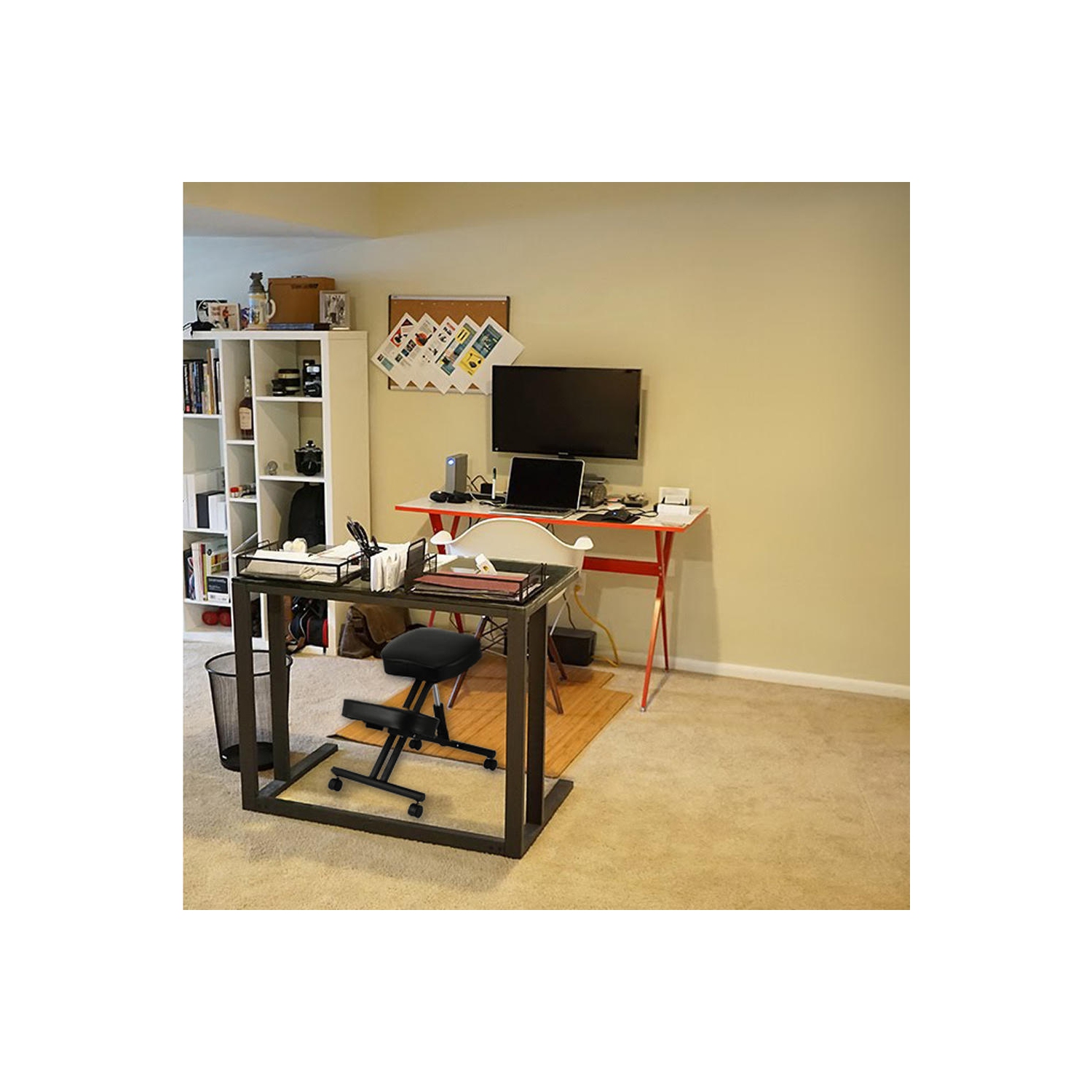 Black Ergonomic Kneeling Chair, Double Thick Padded Foam Steel Frame Adjustable Stool Posture Desk Stool with Orthopedic Knee Cushion