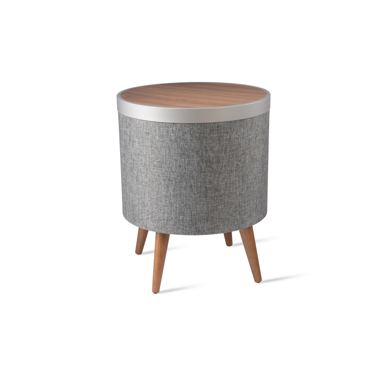 Voici LA table d’appoint intelligente à recharge sans fil Qi de KOBLE avec haut-parleurs Bluetooth en noyer/gris/argenté
