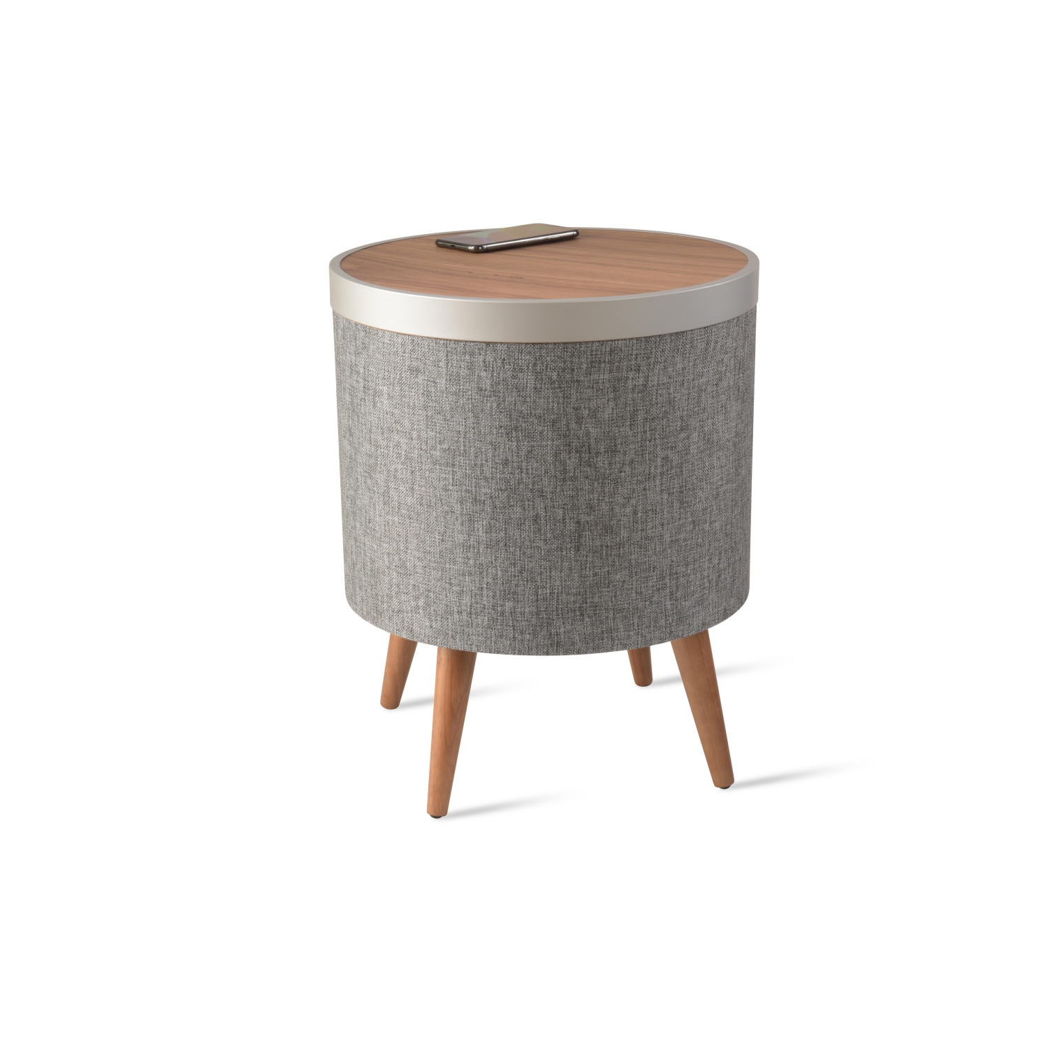 Voici LA table d’appoint intelligente à recharge sans fil Qi de KOBLE avec haut-parleurs Bluetooth en noyer/gris/argenté