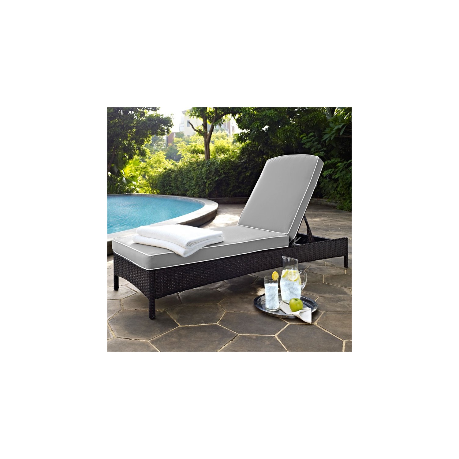 Pemberly Row Wicker Patio Chaise Lounge in Brown and Gray