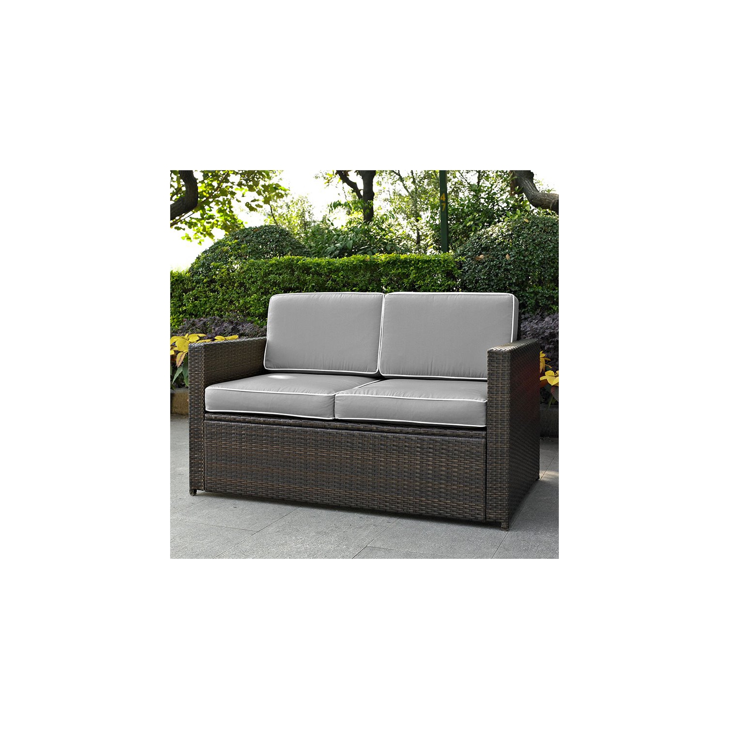 Pemberly Row Wicker Patio Loveseat in Brown and Gray