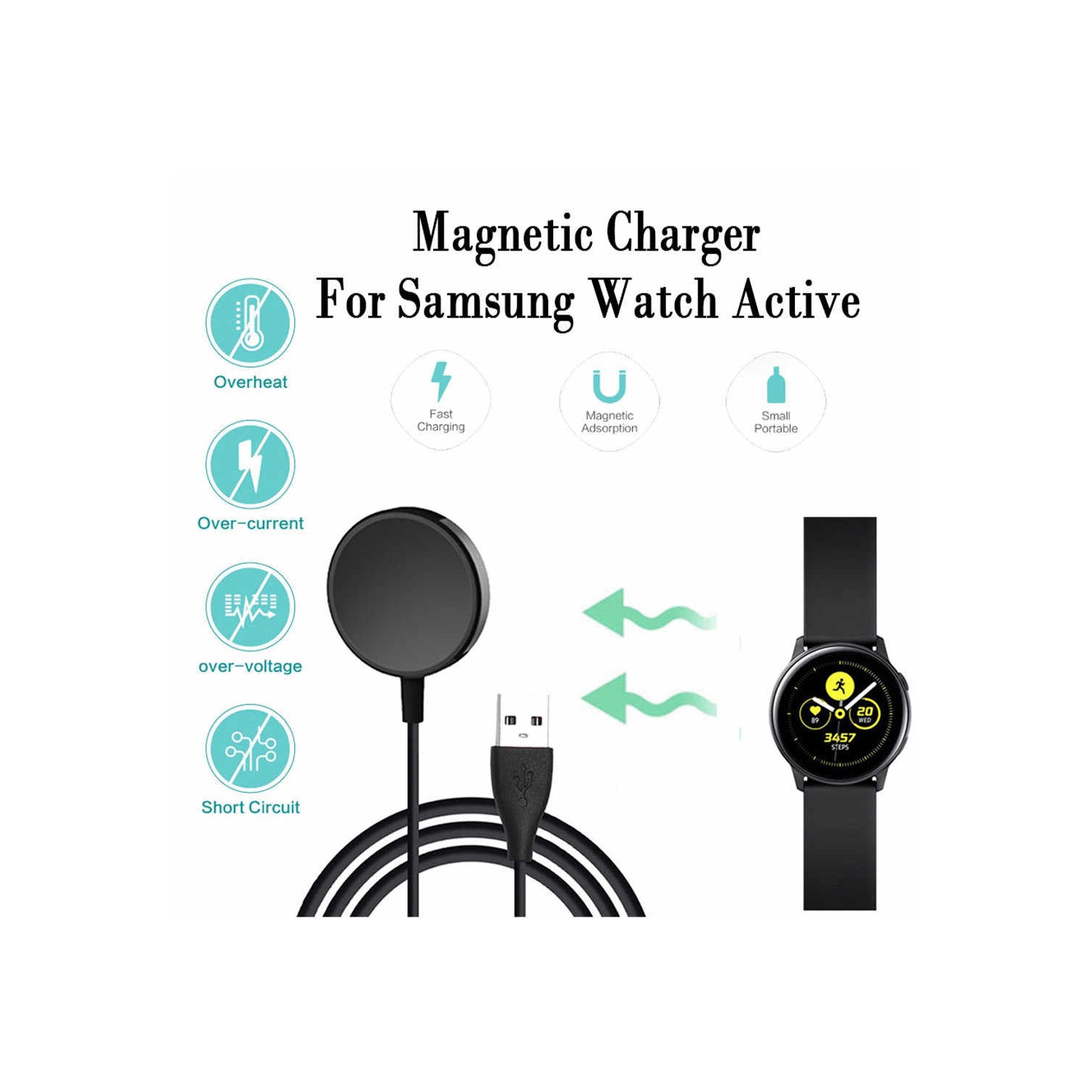Wireless Magnetic Fast Charging Dock Smart Watch Charger Cable for Samsung Galaxy Watch Active 1 2, Black