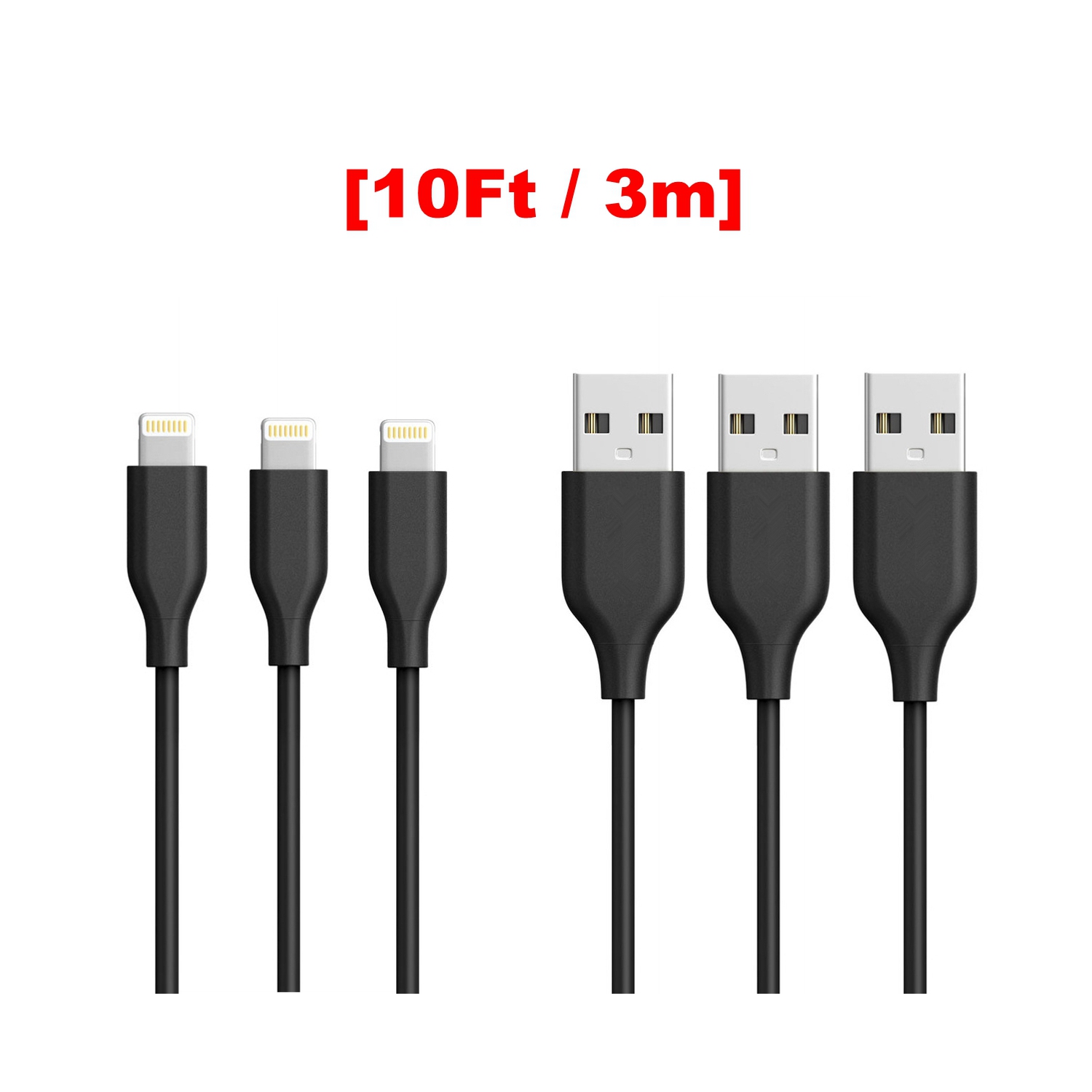 [3 Packs](10Ft / 3m) iPhone Charging Charger Cord Lightning to USB Cable for iPhone AirPods iPod iPad, Black