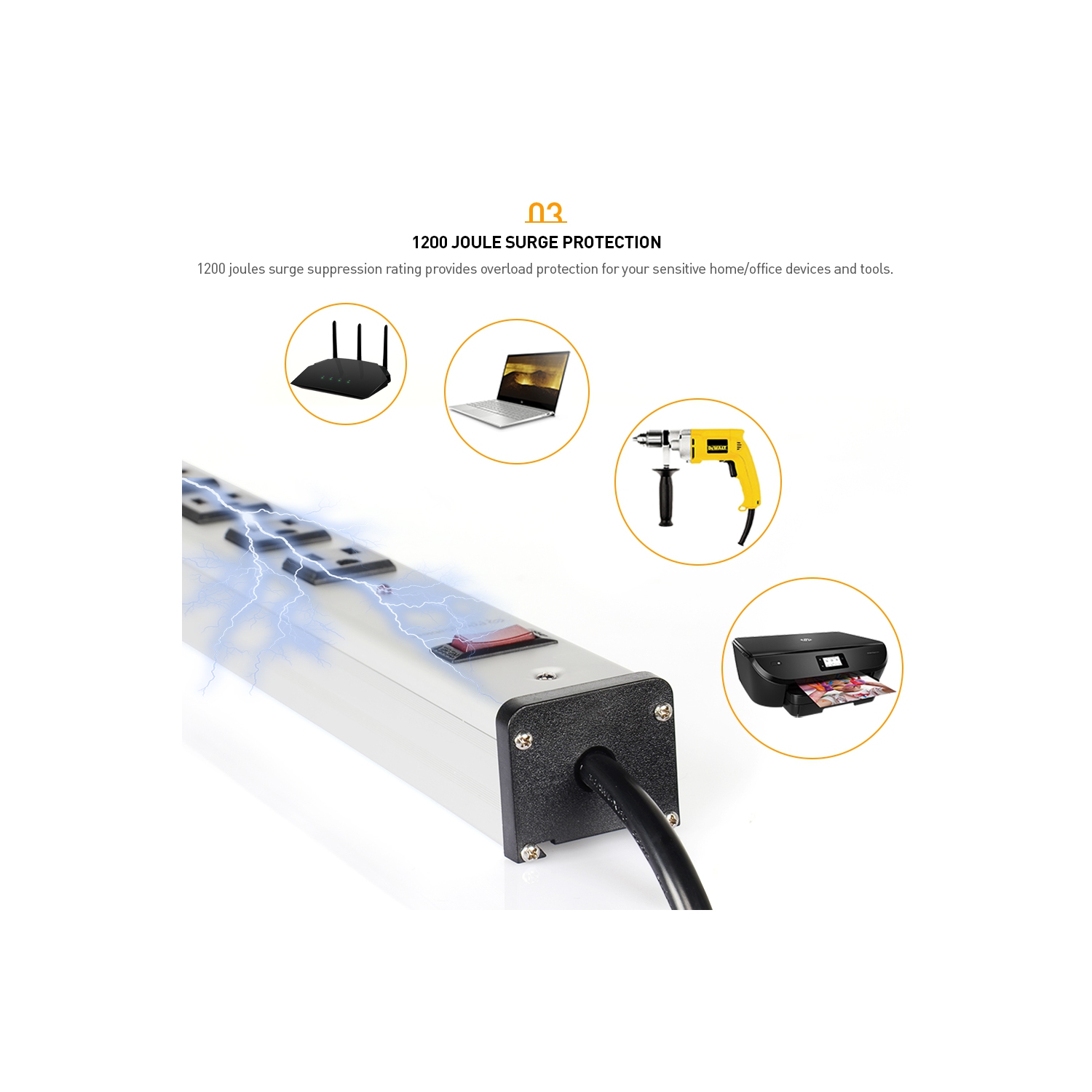 12-Outlet 5-Foot Cord Surge Protector Power Strip Heavy-Duty Aluminum Alloy Metal Power Strip with Ultra Long Power Cord