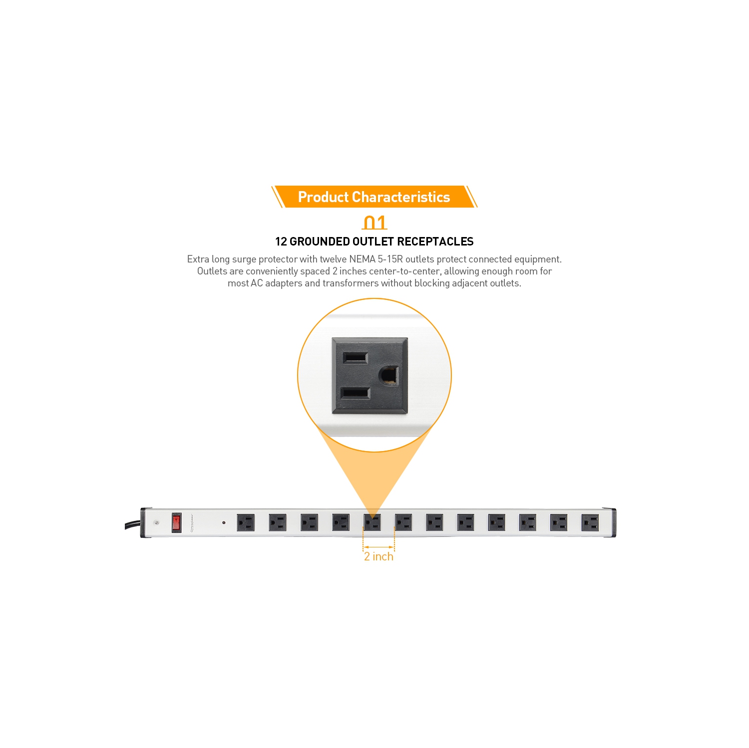 12-Outlet 5-Foot Cord Surge Protector Power Strip Heavy-Duty Aluminum Alloy Metal Power Strip with Ultra Long Power Cord