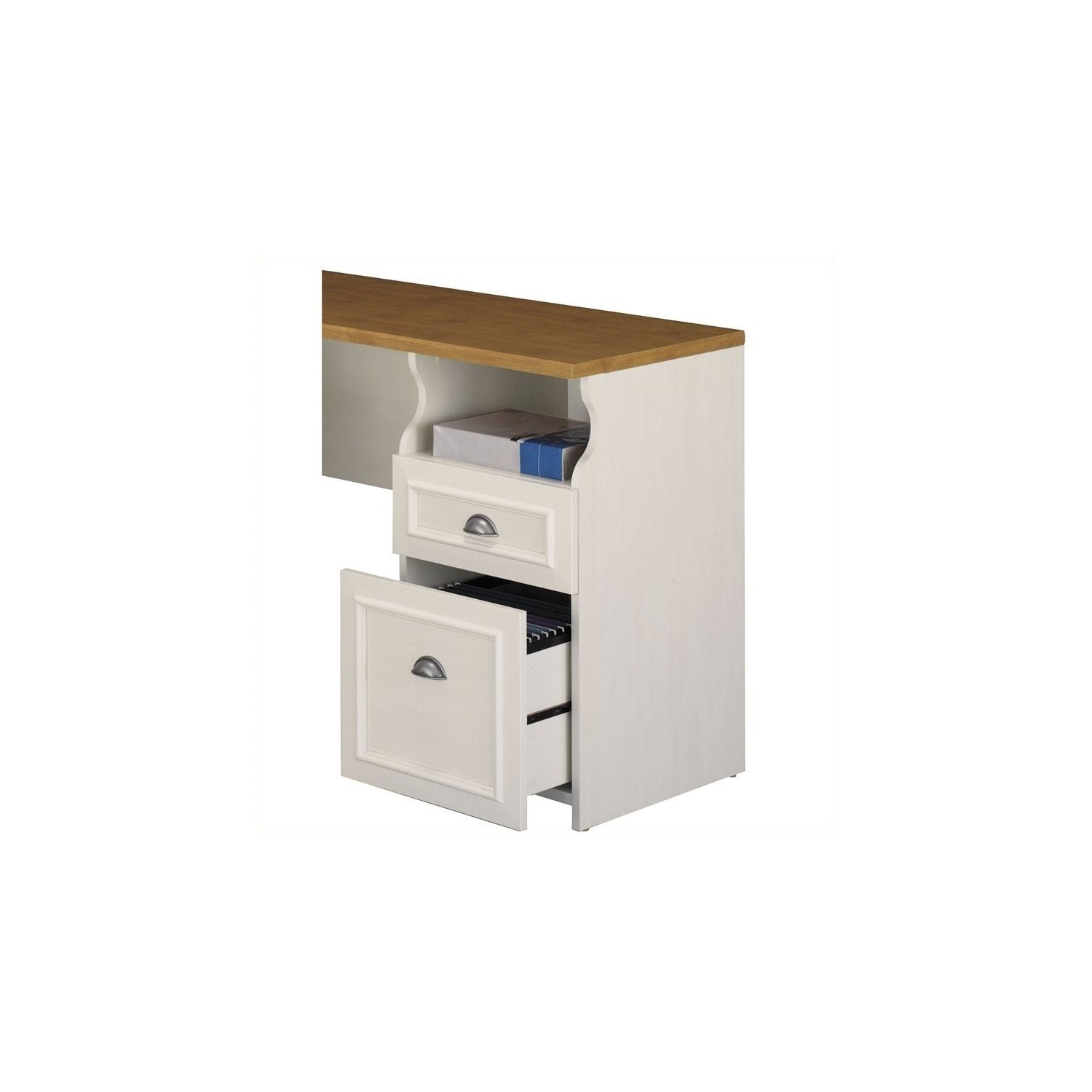 Pemberly Row L-Shape Wood Computer Desk in Antique White and Tea Maple