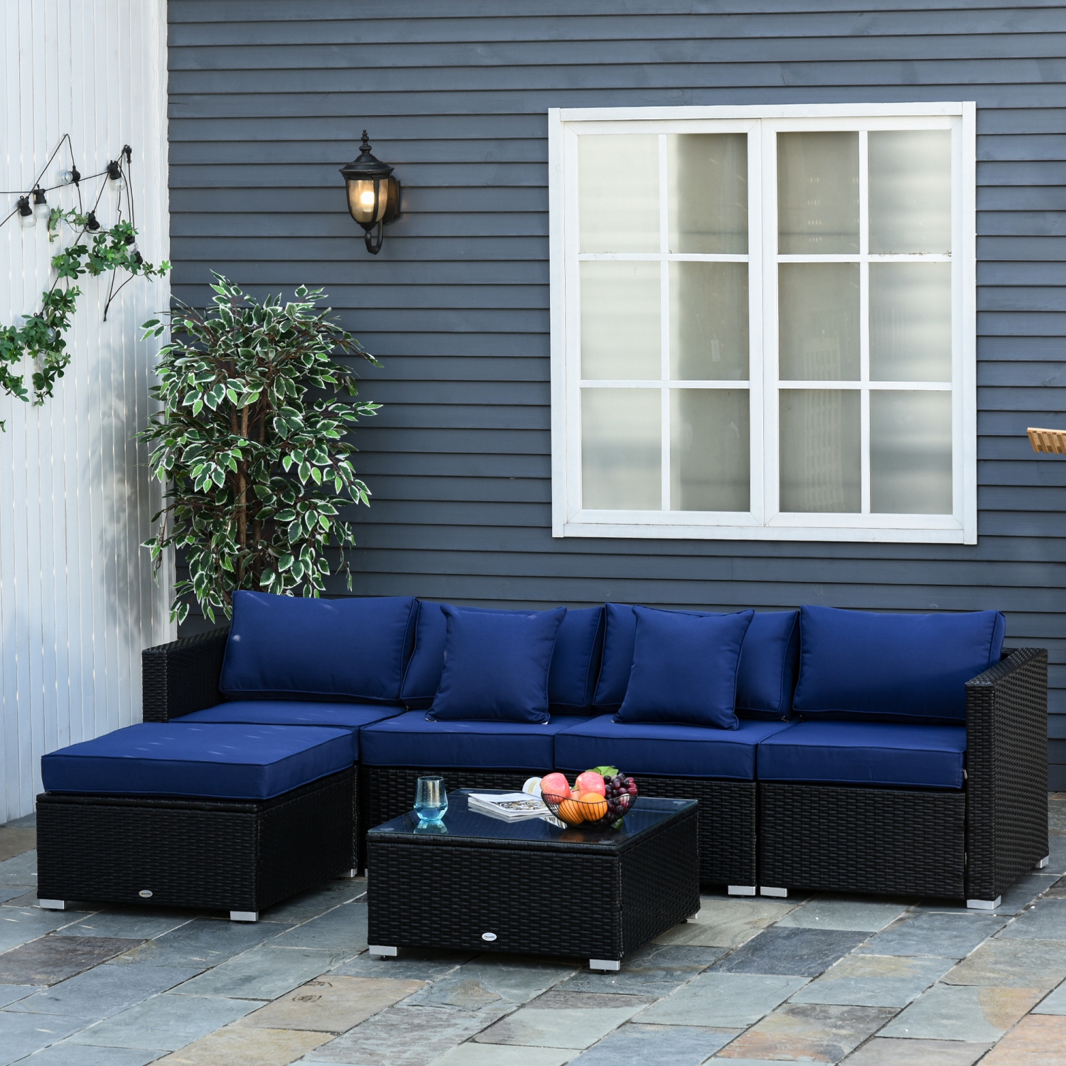 Outsunny 6 Pieces Outdoor PE Rattan Wicker Patio Furniture Sofa Set with Thick Cushions, Deluxe Garden Sectional Couch with Glass Top Table, Black